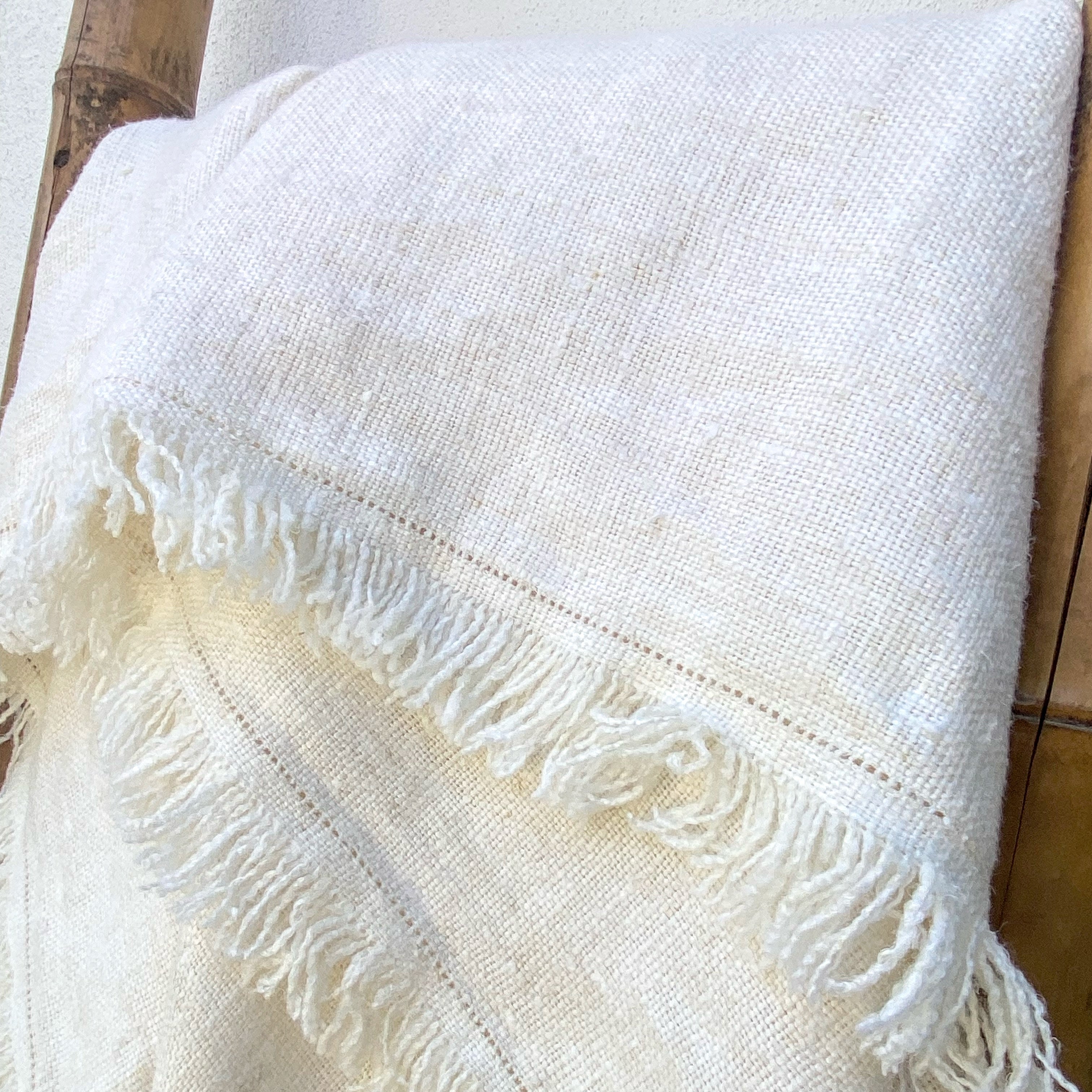 Large Natural Pure French Linen Fringed Blanket Throw Wrap| Soho Antique White