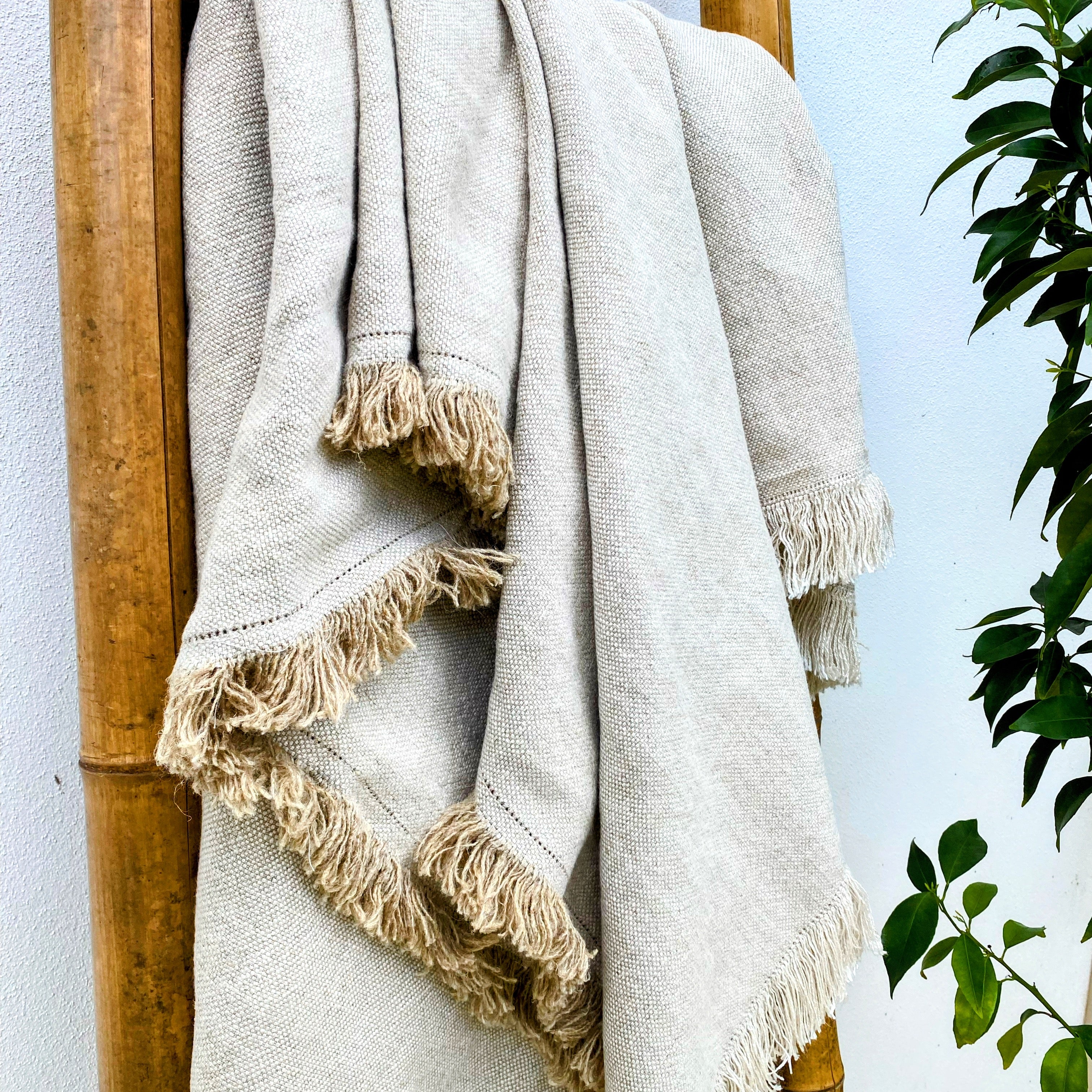 Large Natural Pure French Linen Heavy Weight Fringed Blanket Throw Wrap| Saja Sand