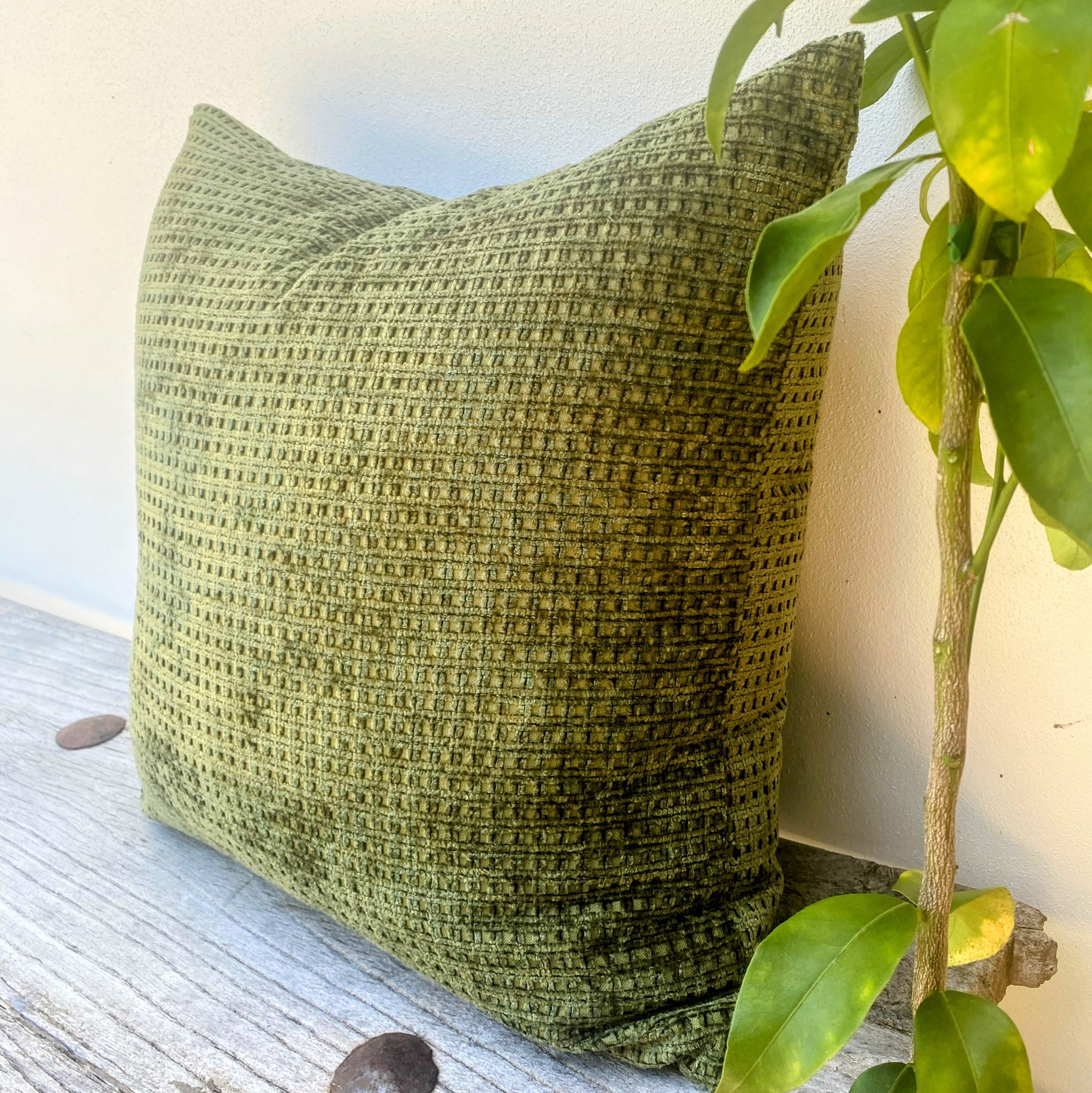 Olive Green Velvet Chenille Cushion| Checker