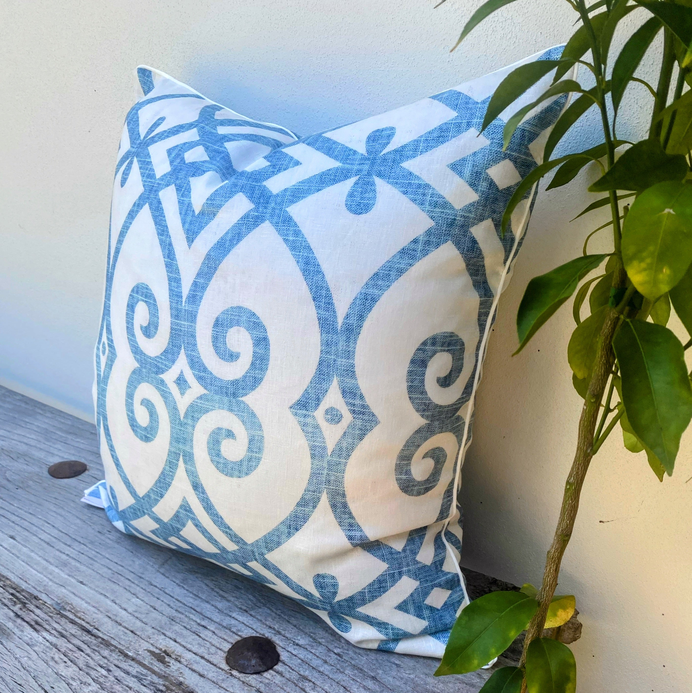 French Linen Blue White Patterned Cushion | Seafoam Scroll