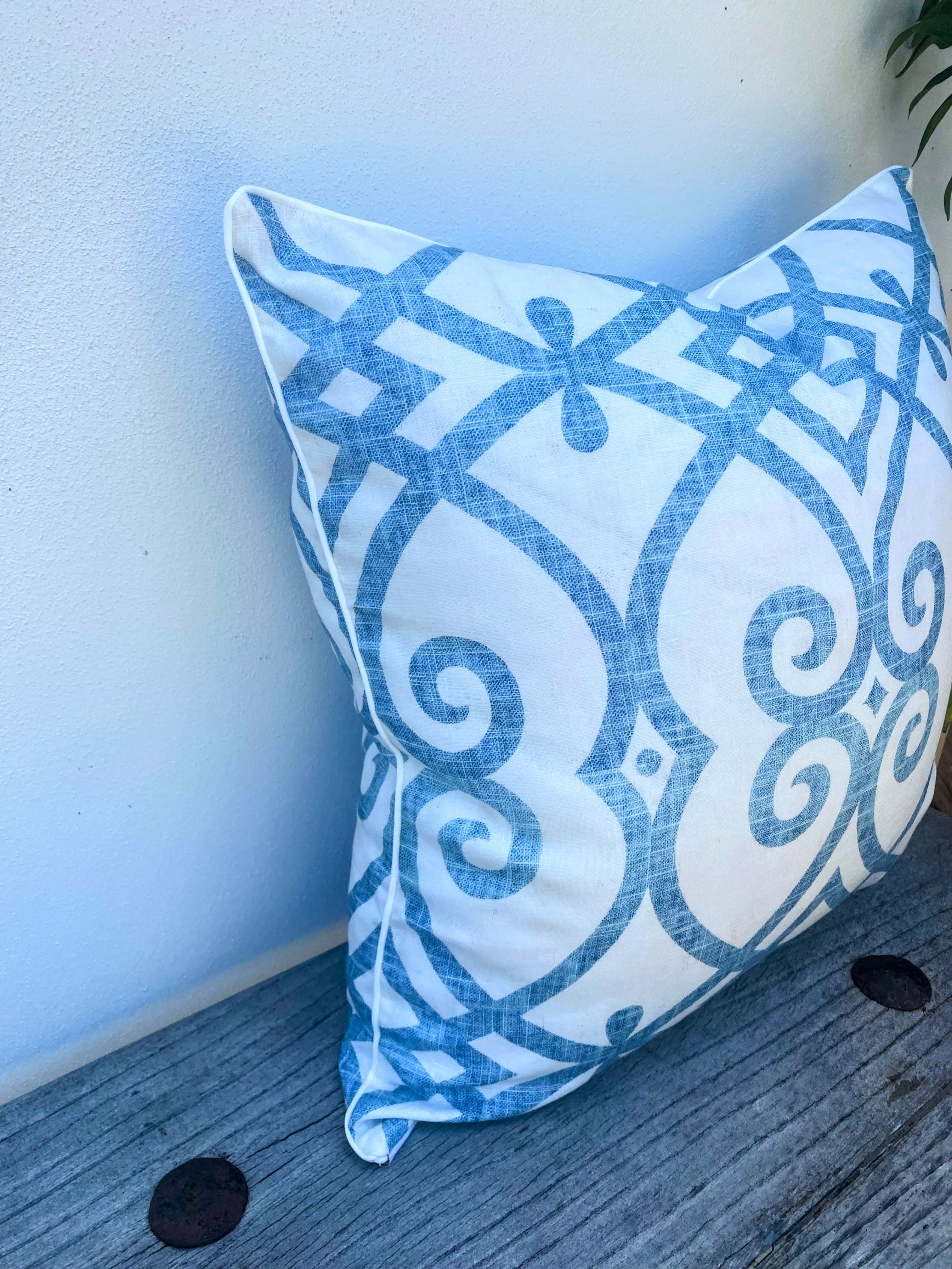 French Linen Blue White Patterned Cushion | Seafoam Scroll