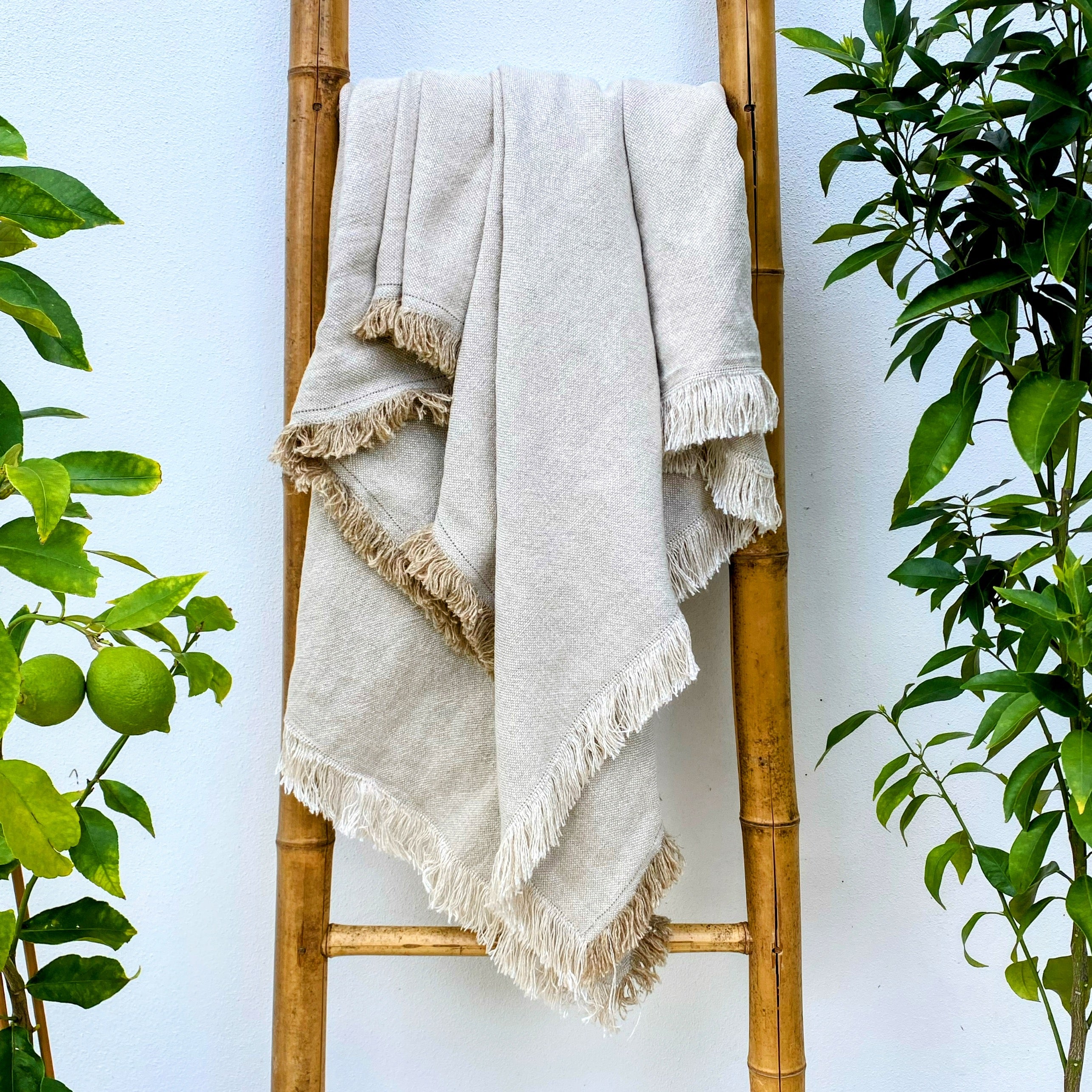 Large Natural Pure French Linen Heavy Weight Fringed Blanket Throw Wrap| Saja Sand