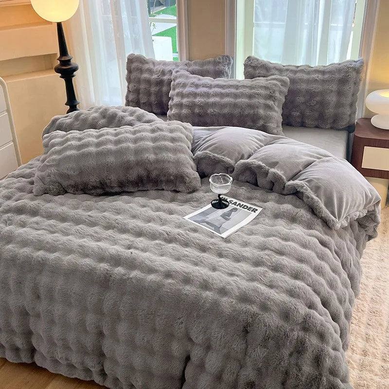 4 Piece Faux Fur Grey Queen Duvet Cover Set | Elysian Silver