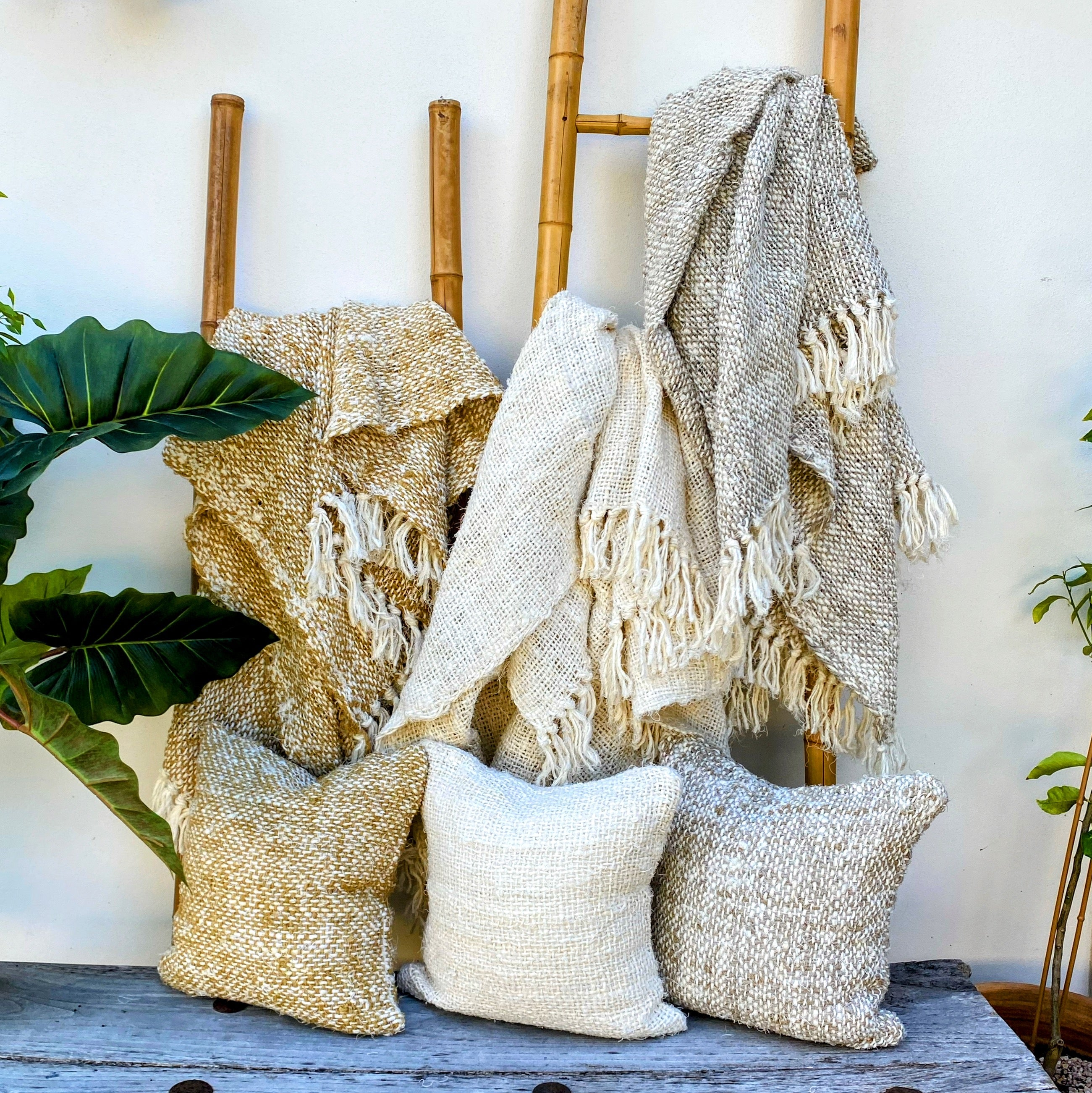 Handmade Recycled Linen Coarse Weave Throw Blanket - Natural - Large - Fringed - Tula