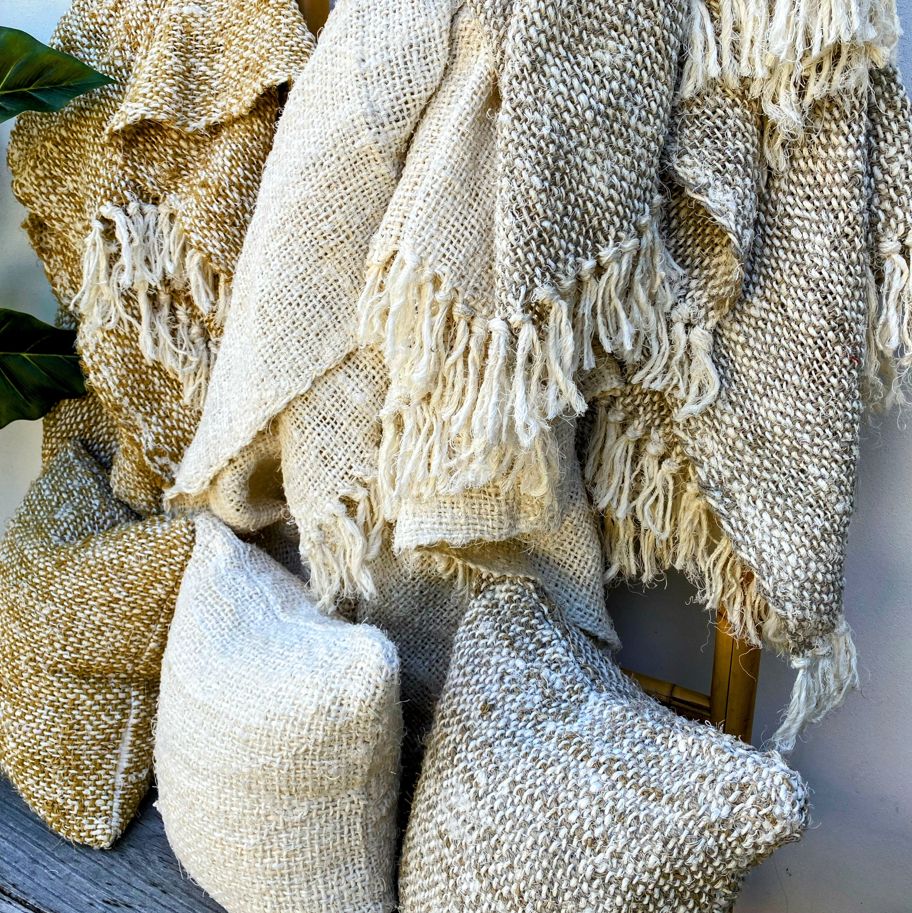 Handmade Recycled Linen Coarse Weave Throw Blanket - Natural - Large - Fringed - Tula