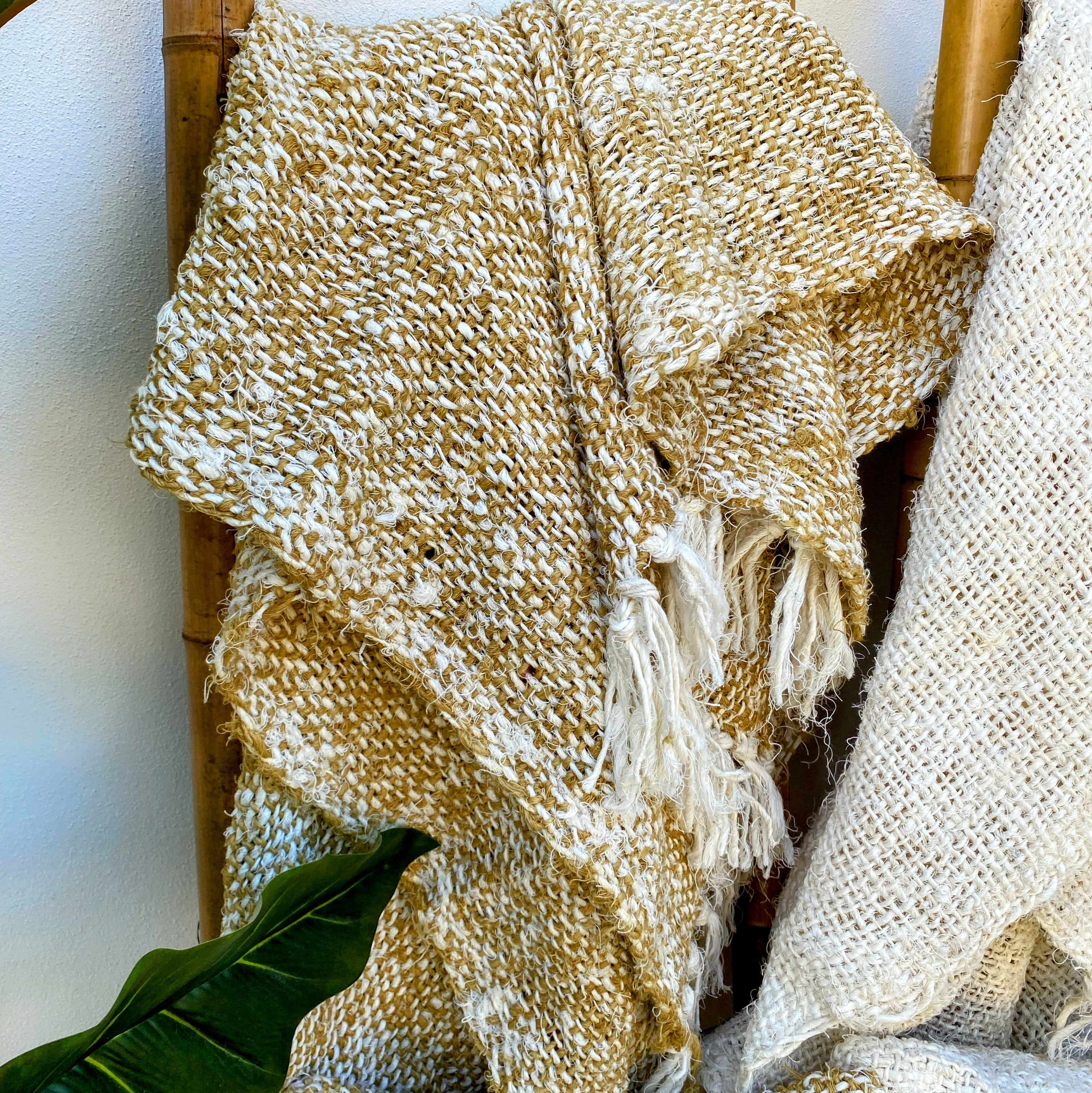 Handmade Recycled Linen Coarse Weave Throw Blanket - Olive - Large - Fringed - Tula