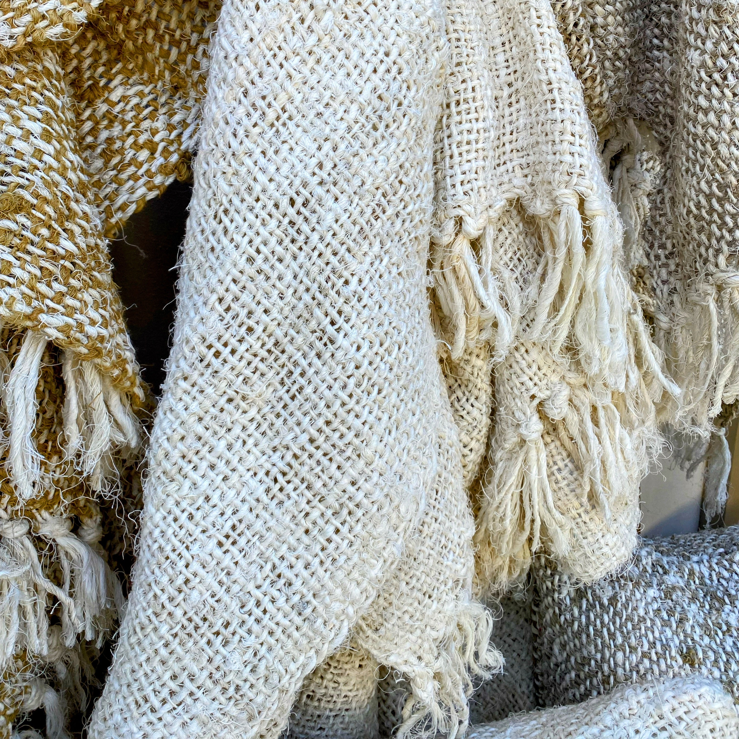 Handmade Recycled Linen Coarse Weave Throw Blanket - Ivory - Large - Fringed - Tula