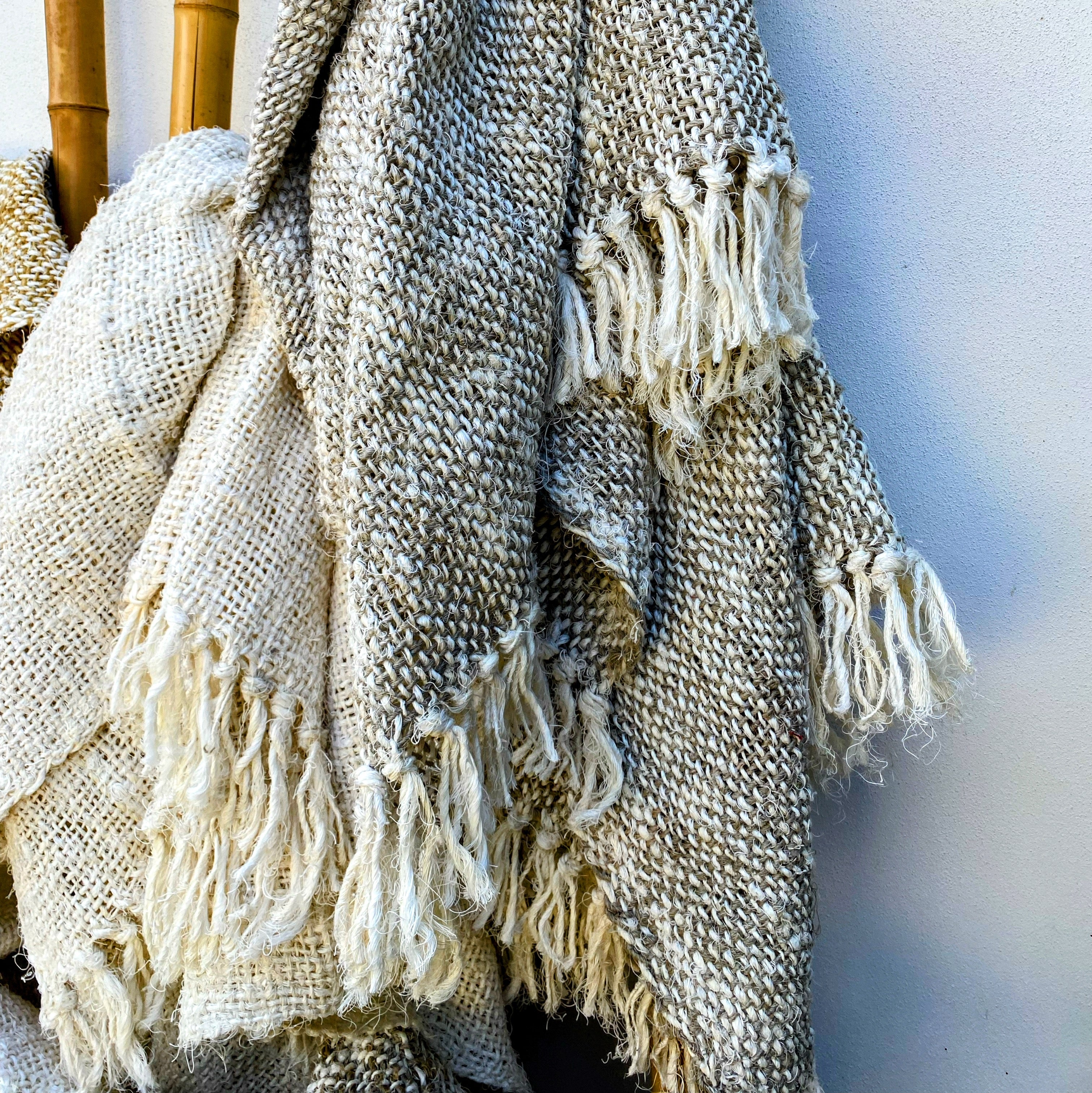 Handmade Recycled Linen Coarse Weave Throw Blanket - Natural - Large - Fringed - Tula