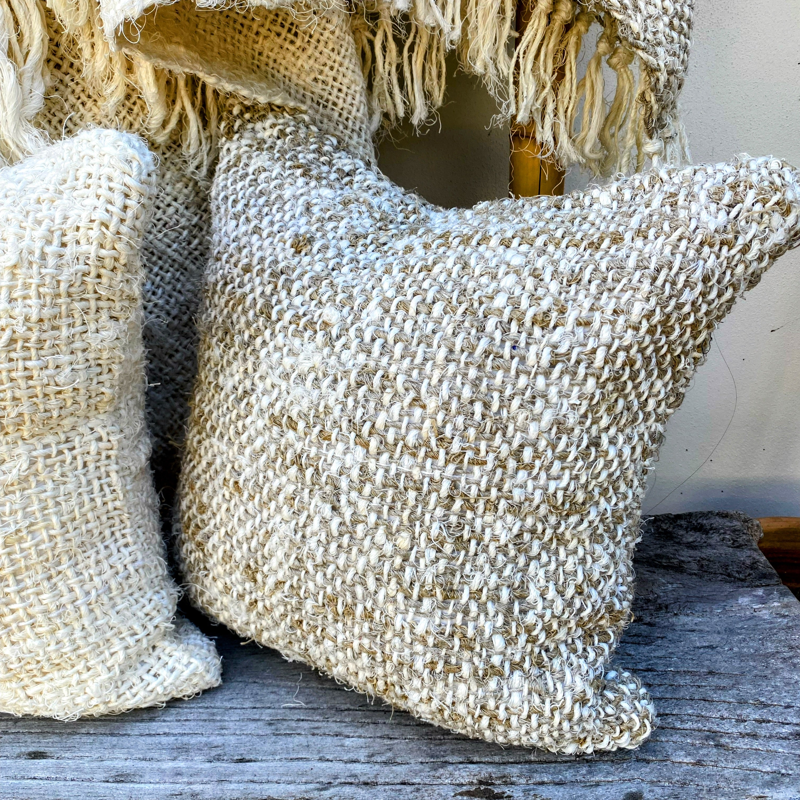 Handmade Recycled Linen Coarse Weave Cushion - Natural - Large - Fringed - Tula