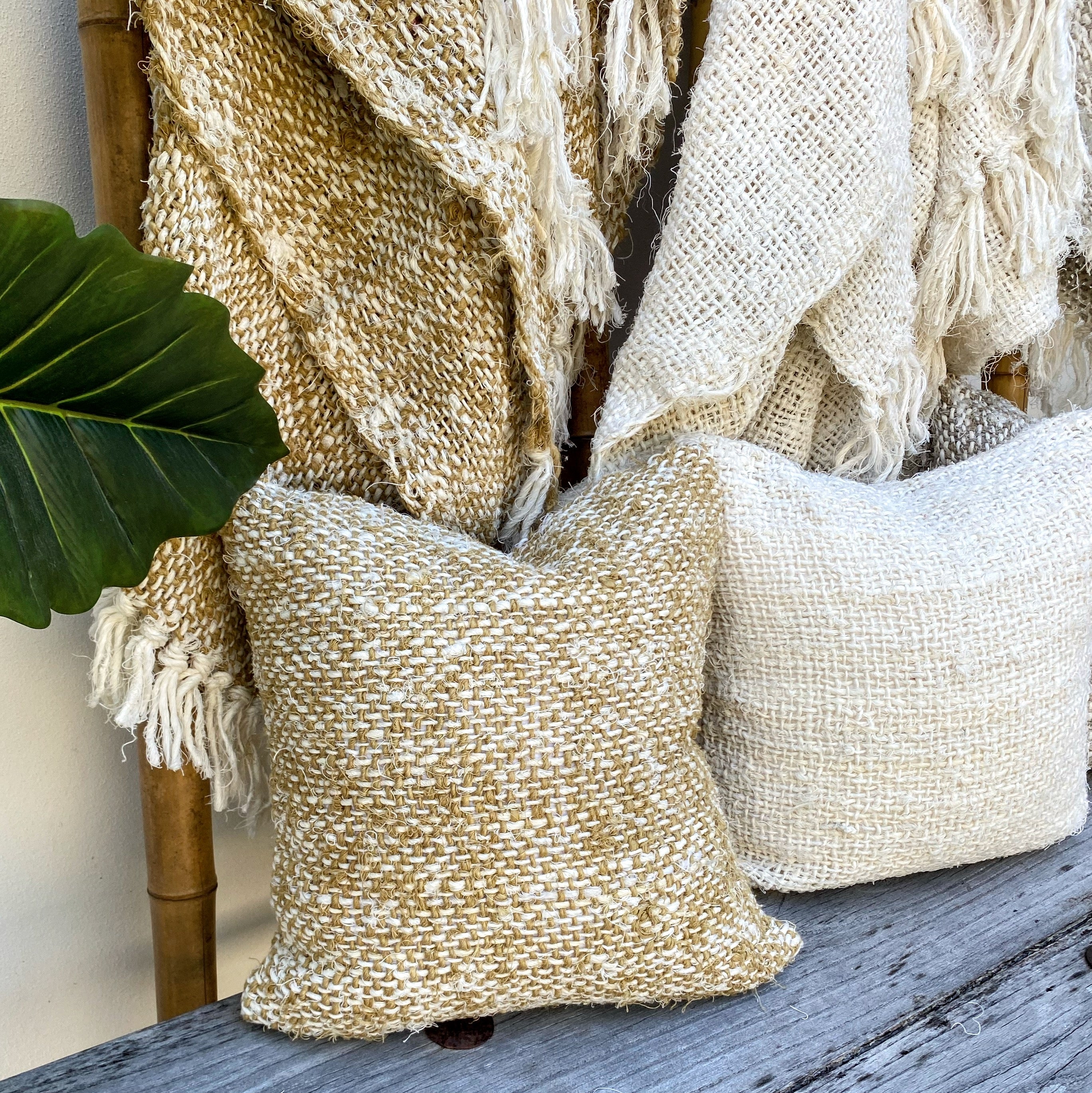 Handmade Recycled Linen Coarse Weave Cushion - Ivory - Large - Fringed - Tula