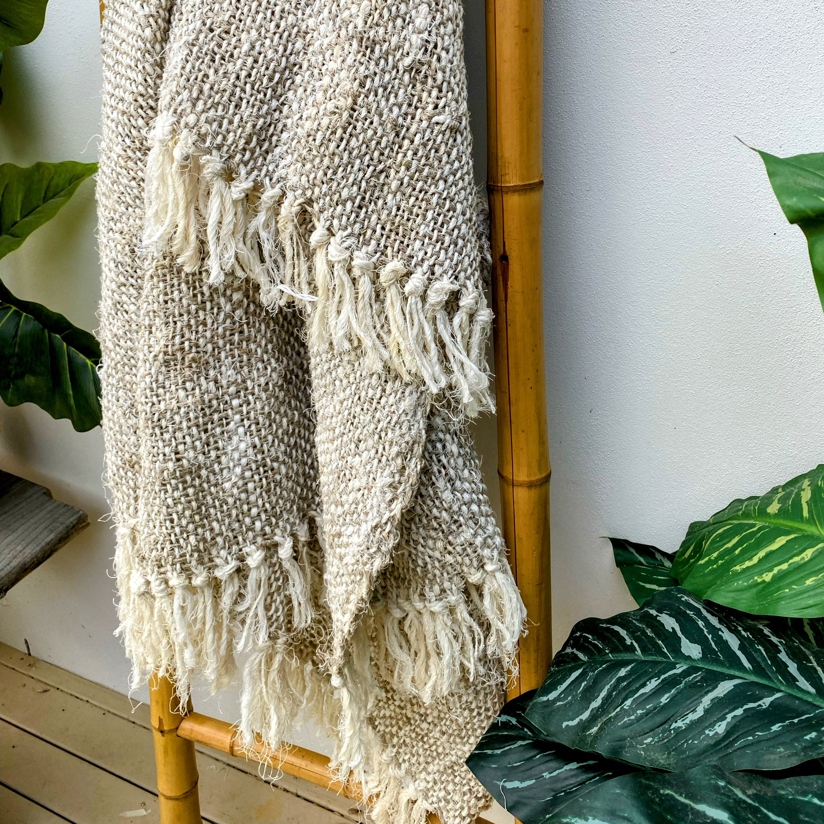 Handmade Recycled Linen Coarse Weave Throw Blanket - Natural - Large - Fringed - Tula