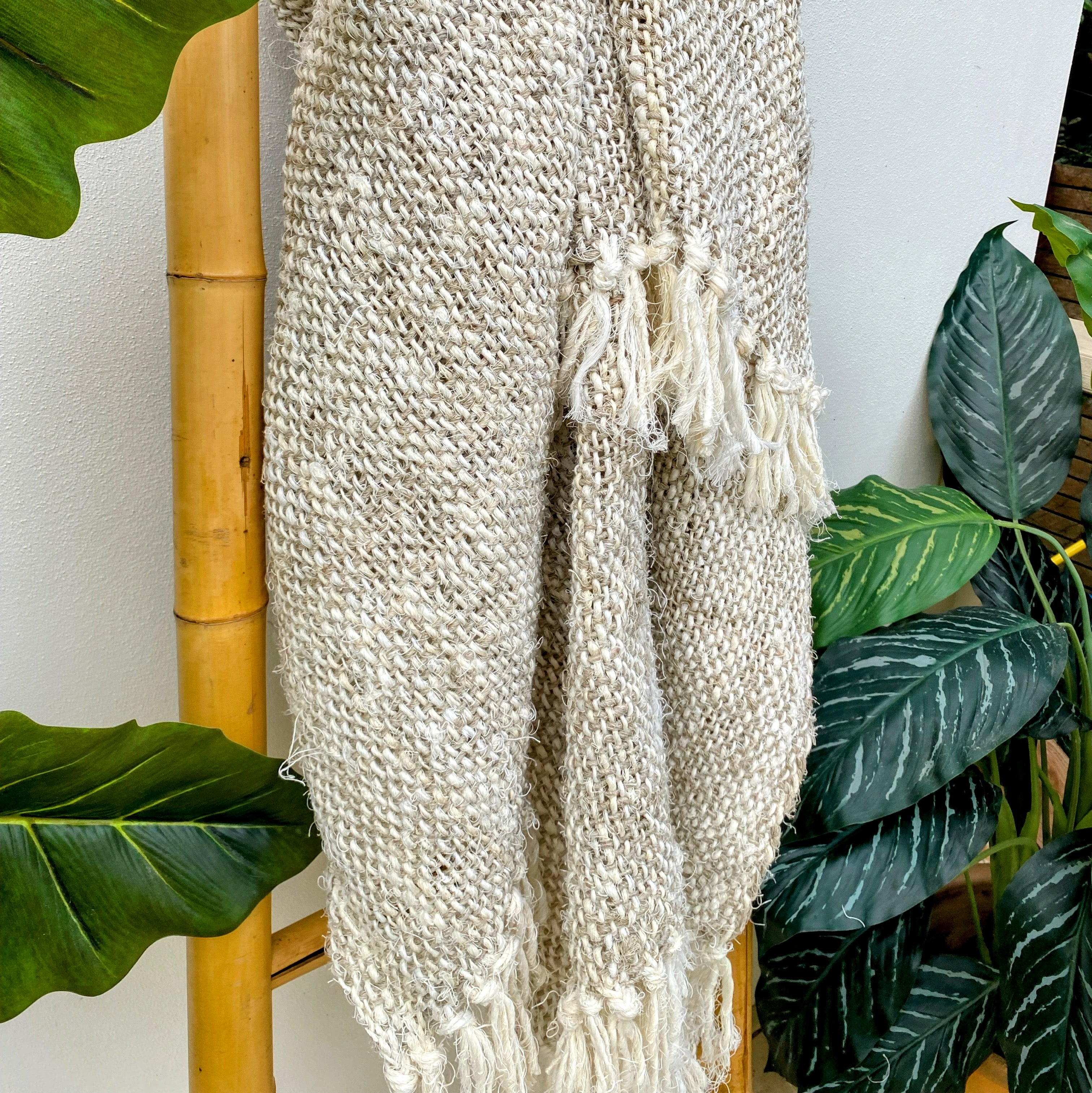 Handmade Recycled Linen Coarse Weave Throw Blanket - Natural - Large - Fringed - Tula