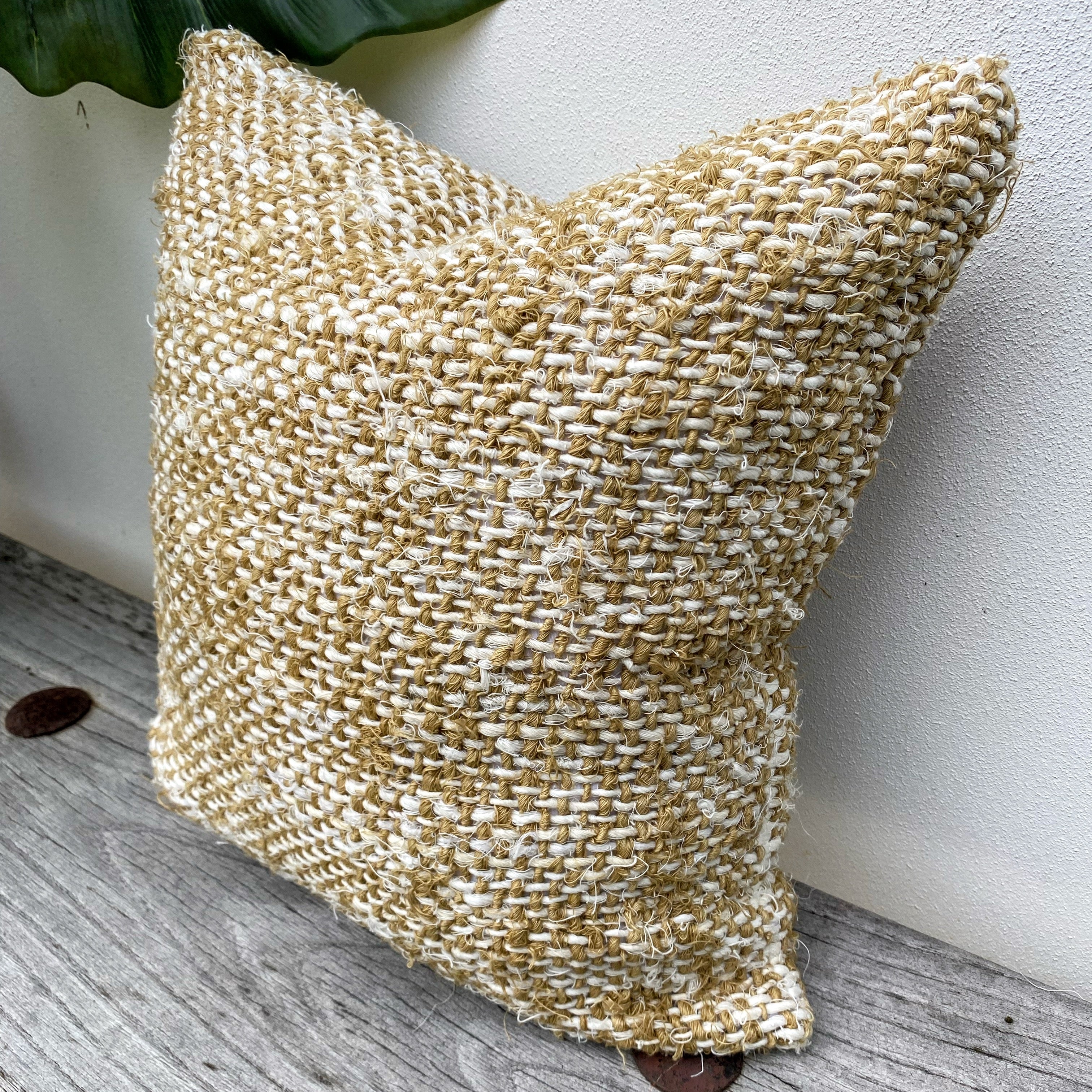 Handmade Recycled Linen Coarse Weave Cushion - Olive - Large - Fringed - Tula