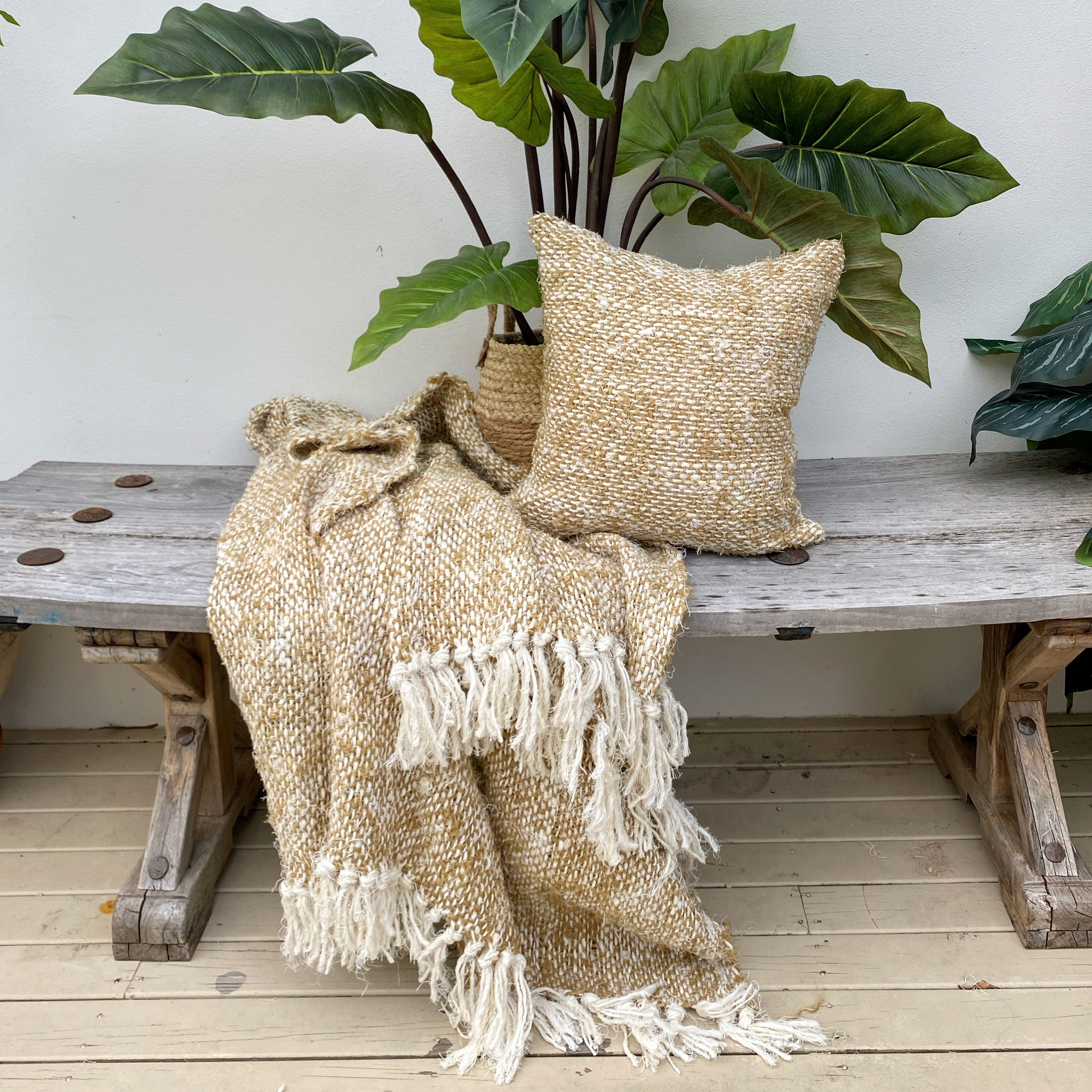 Handmade Recycled Linen Coarse Weave Cushion - Olive - Large - Fringed - Tula