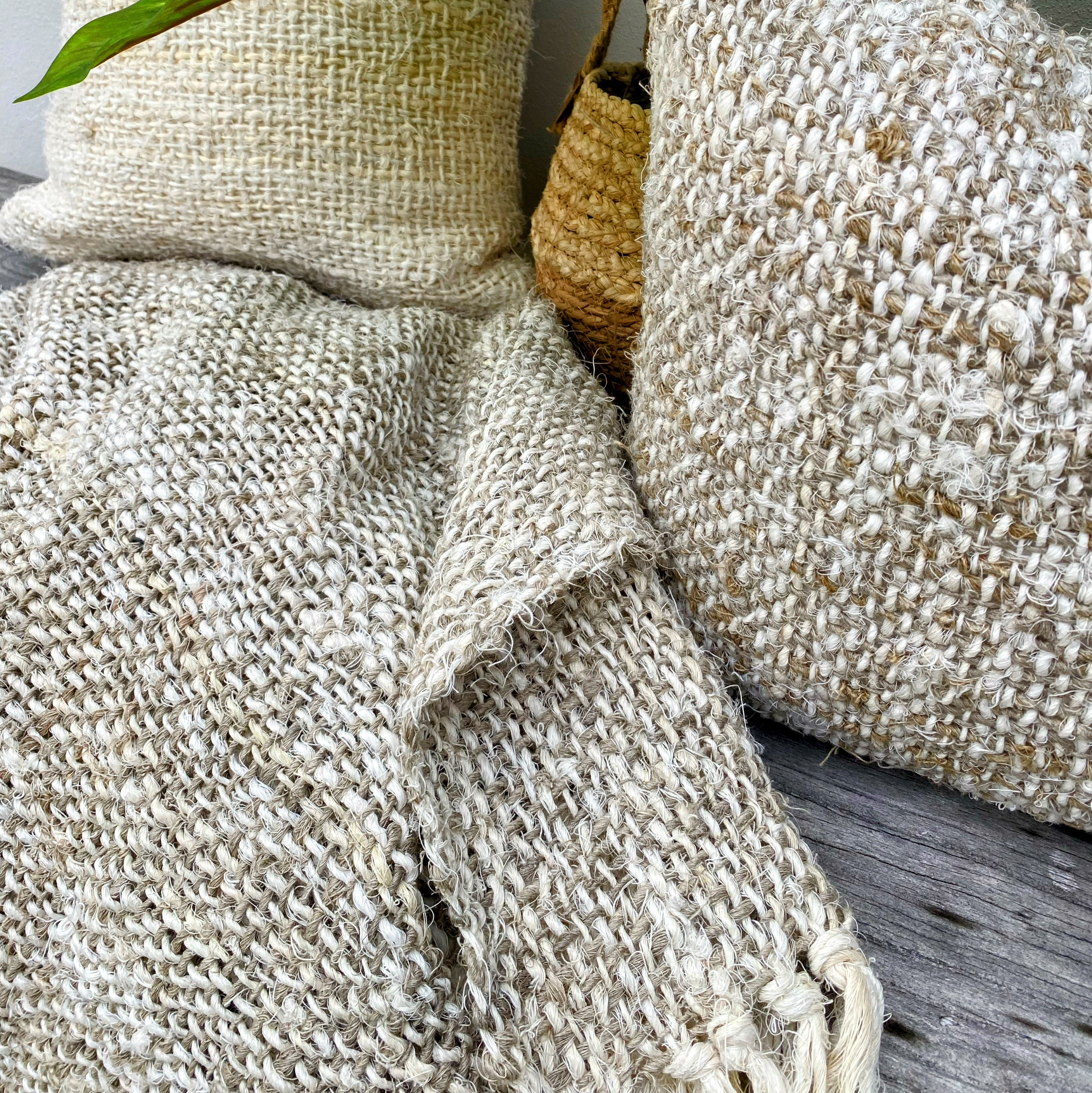 Handmade Recycled Linen Coarse Weave Throw Blanket - Natural - Large - Fringed - Tula