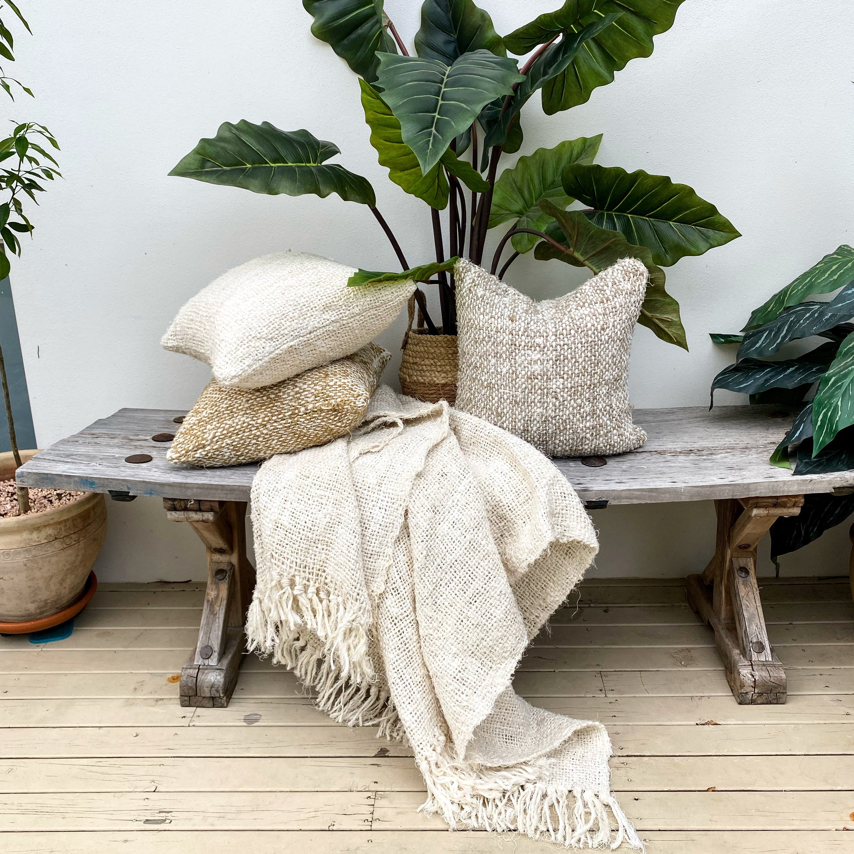 Handmade Recycled Linen Coarse Weave Cushion - Olive - Large - Fringed - Tula