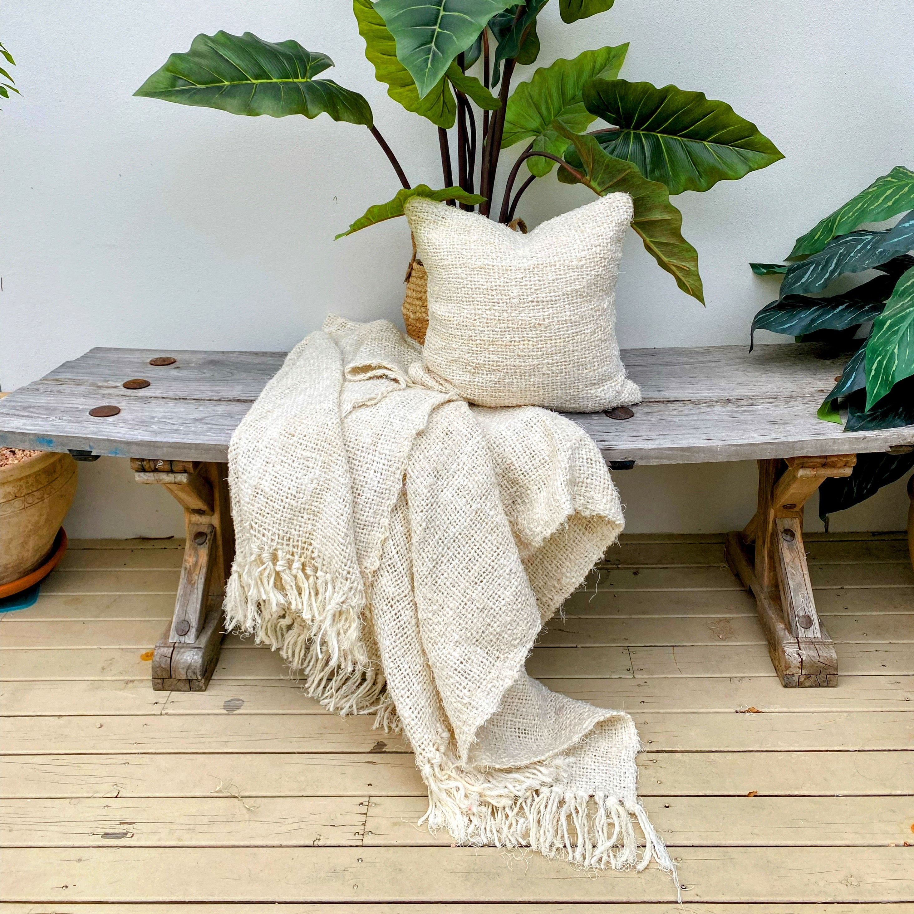 Handmade Recycled Linen Coarse Weave Throw Blanket - Ivory - Large - Fringed - Tula