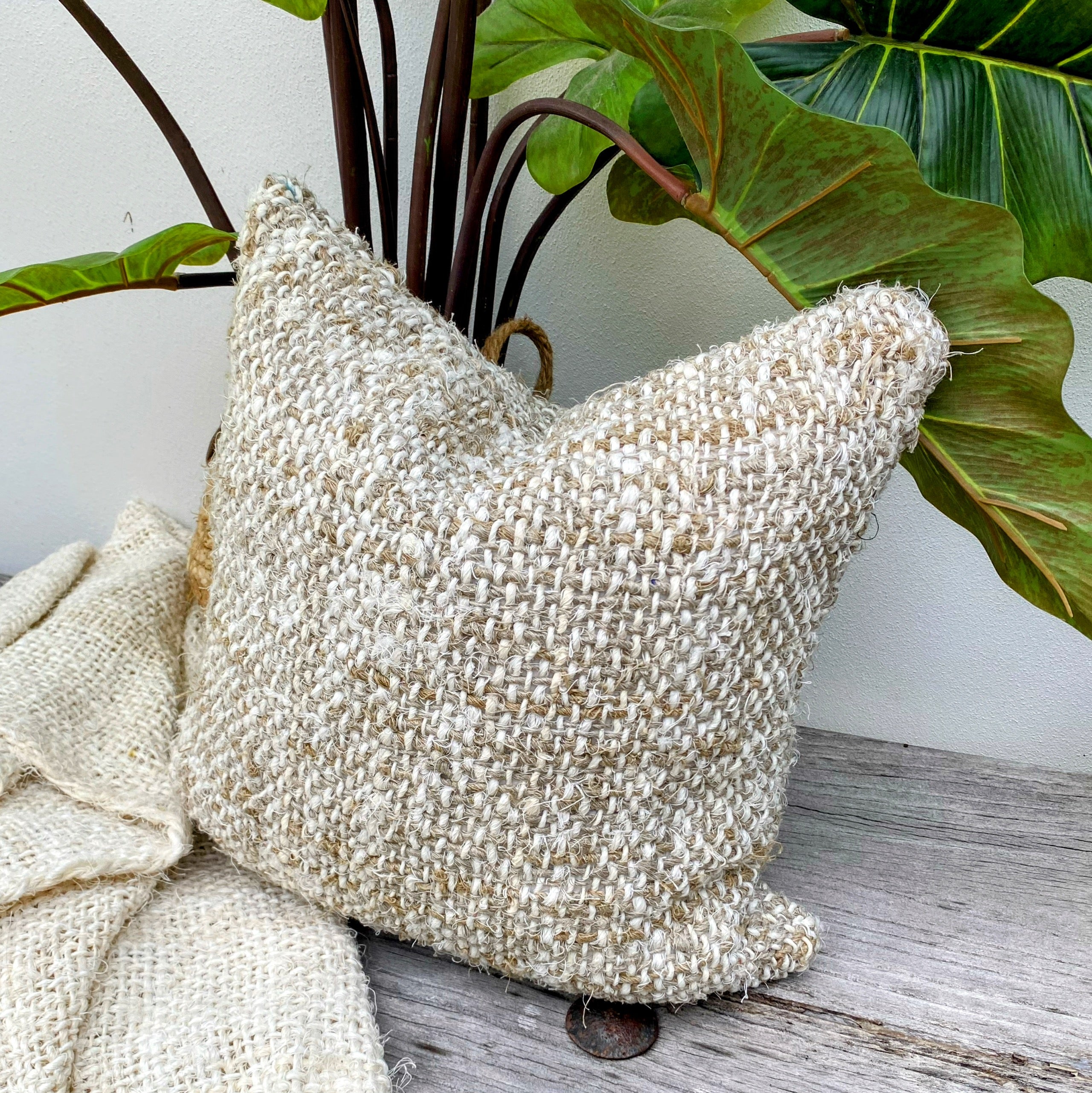 Handmade Recycled Linen Coarse Weave Cushion - Natural - Large - Fringed - Tula