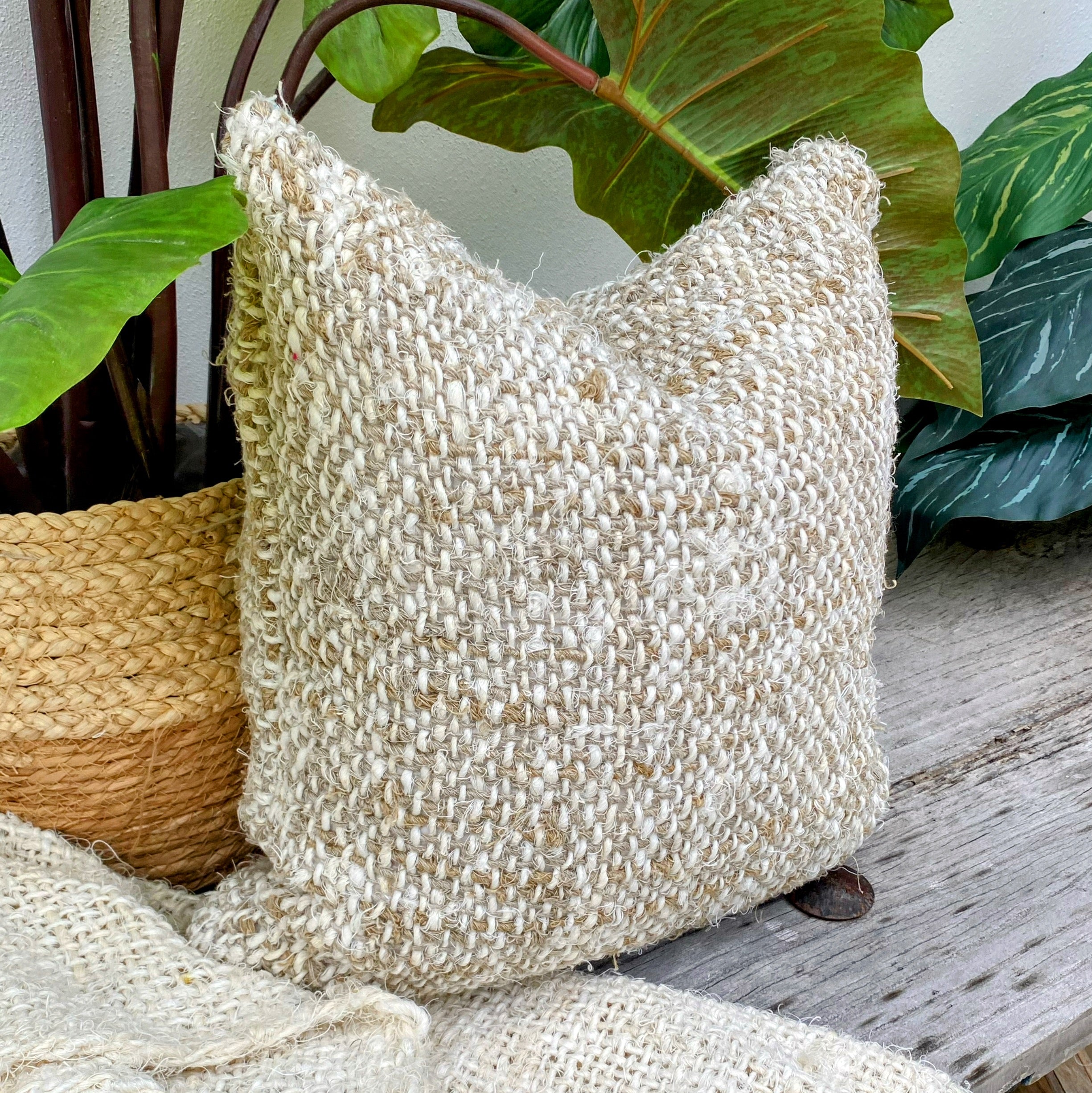 Handmade Recycled Linen Coarse Weave Cushion - Natural - Large - Fringed - Tula