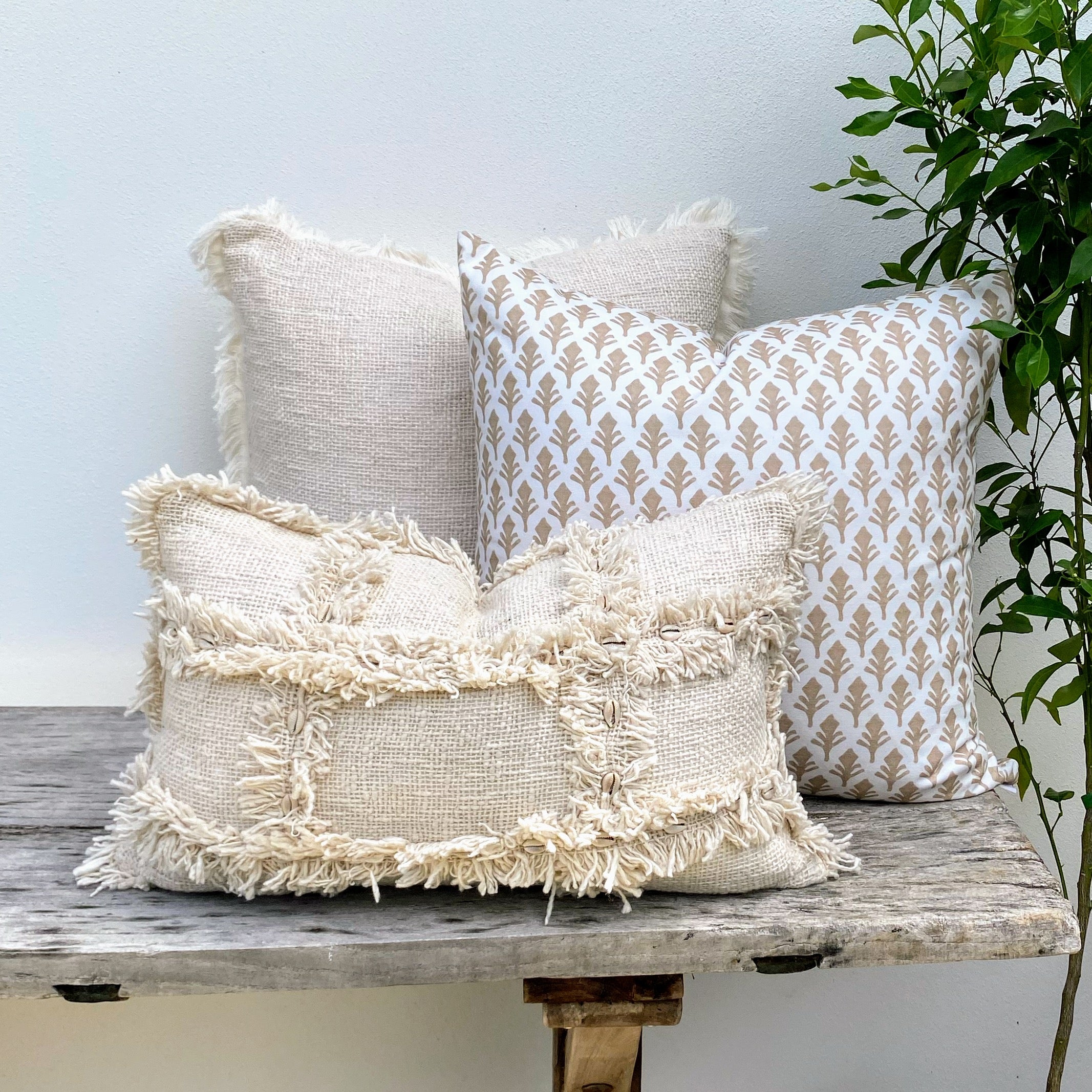 Natural Textured Cotton Coastal Cushion - Fringed - Cowrie Shell- Raya