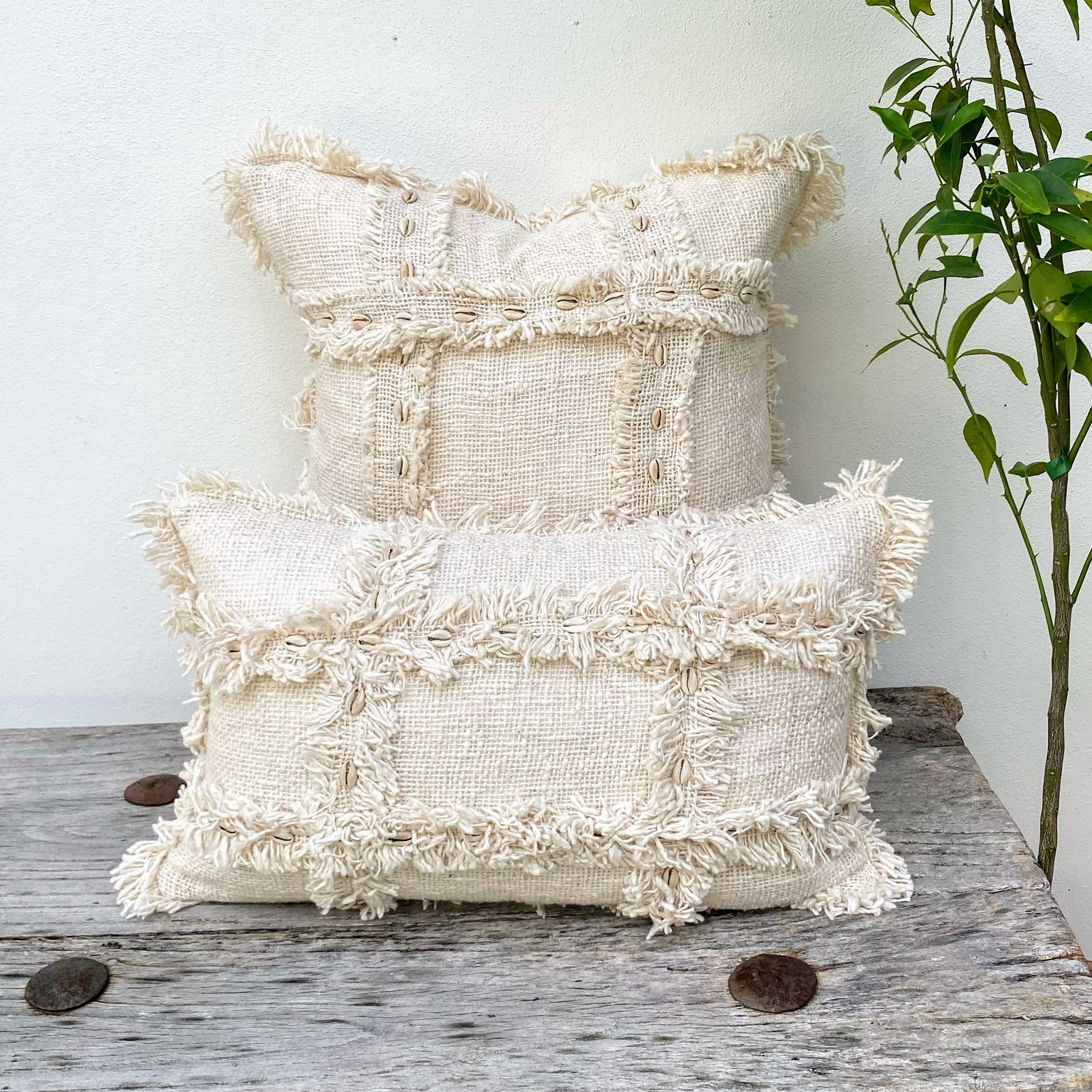 Natural Textured Cotton Coastal Cushion - Fringed - Cowrie Shell- Raya