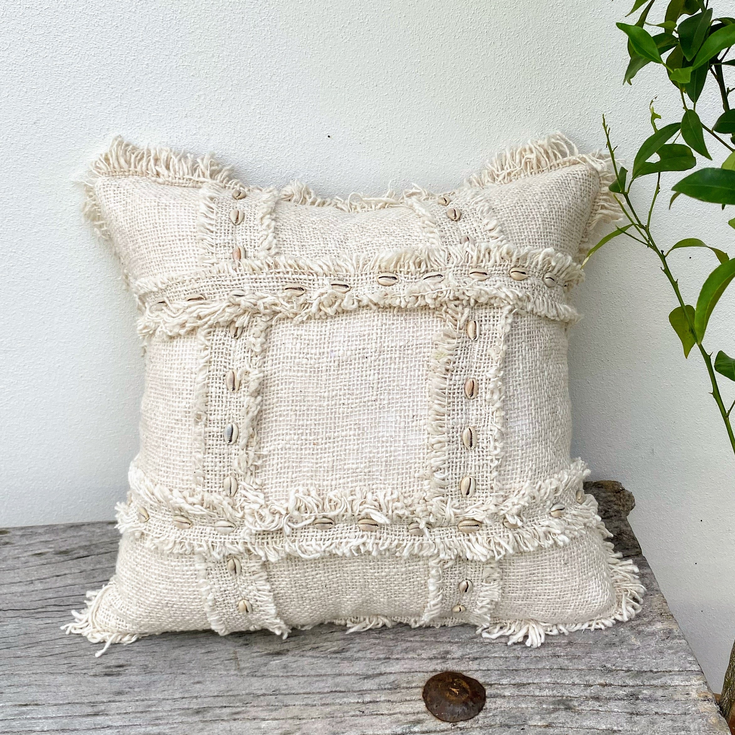 Natural Textured Cotton Coastal Cushion - Fringed - Rectangle - Cowrie Shell - Raya