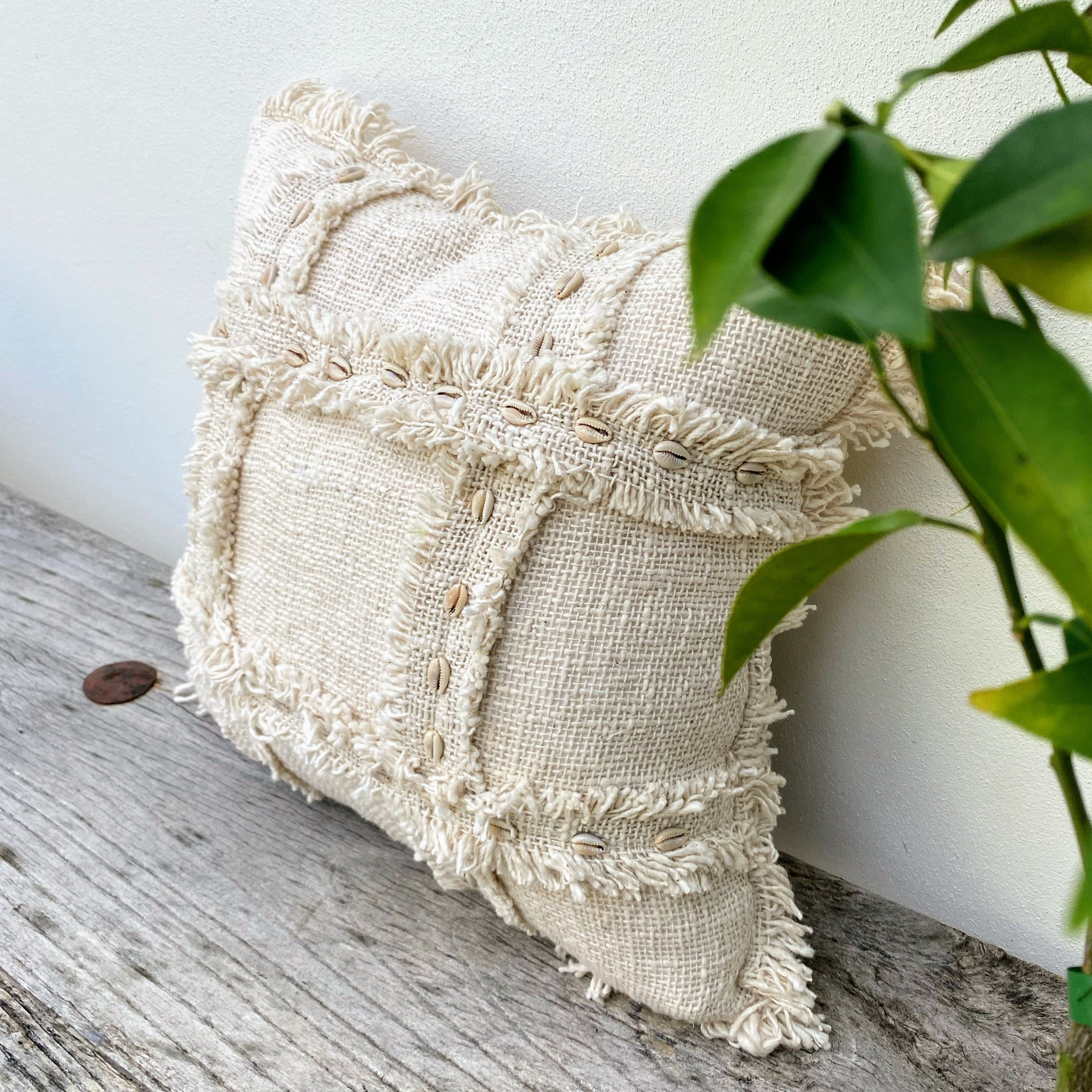 Natural Textured Cotton Coastal Cushion - Fringed - Cowrie Shell- Raya