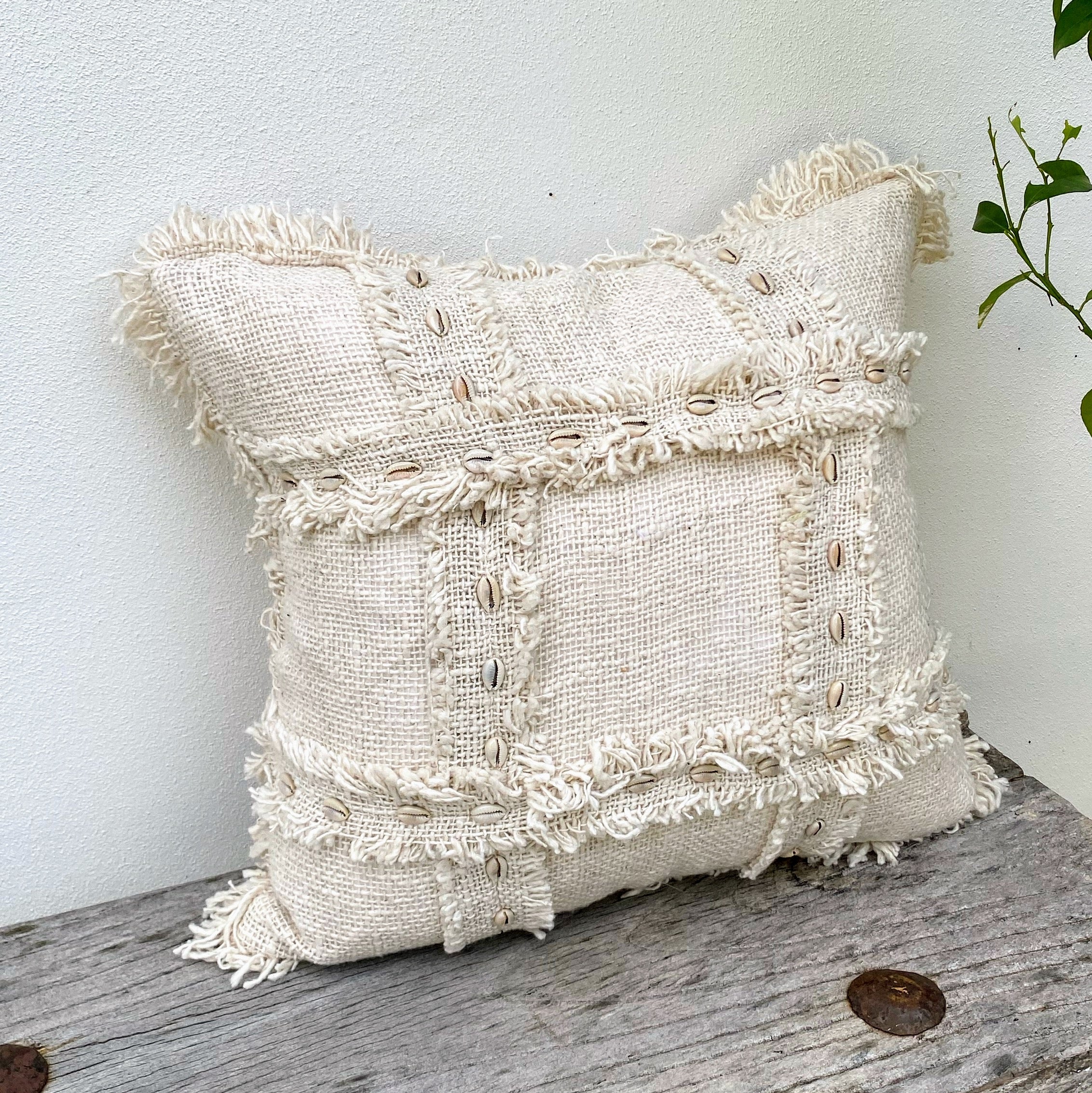 Natural Textured Cotton Coastal Cushion - Fringed - Cowrie Shell- Raya