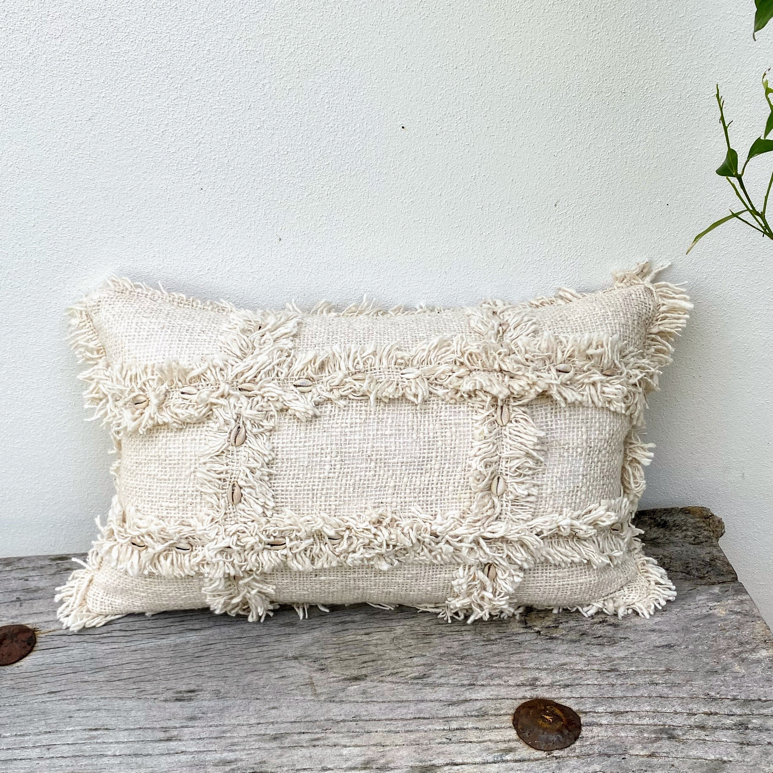 Natural Textured Cotton Coastal Cushion - Fringed - Rectangle - Cowrie Shell - Raya