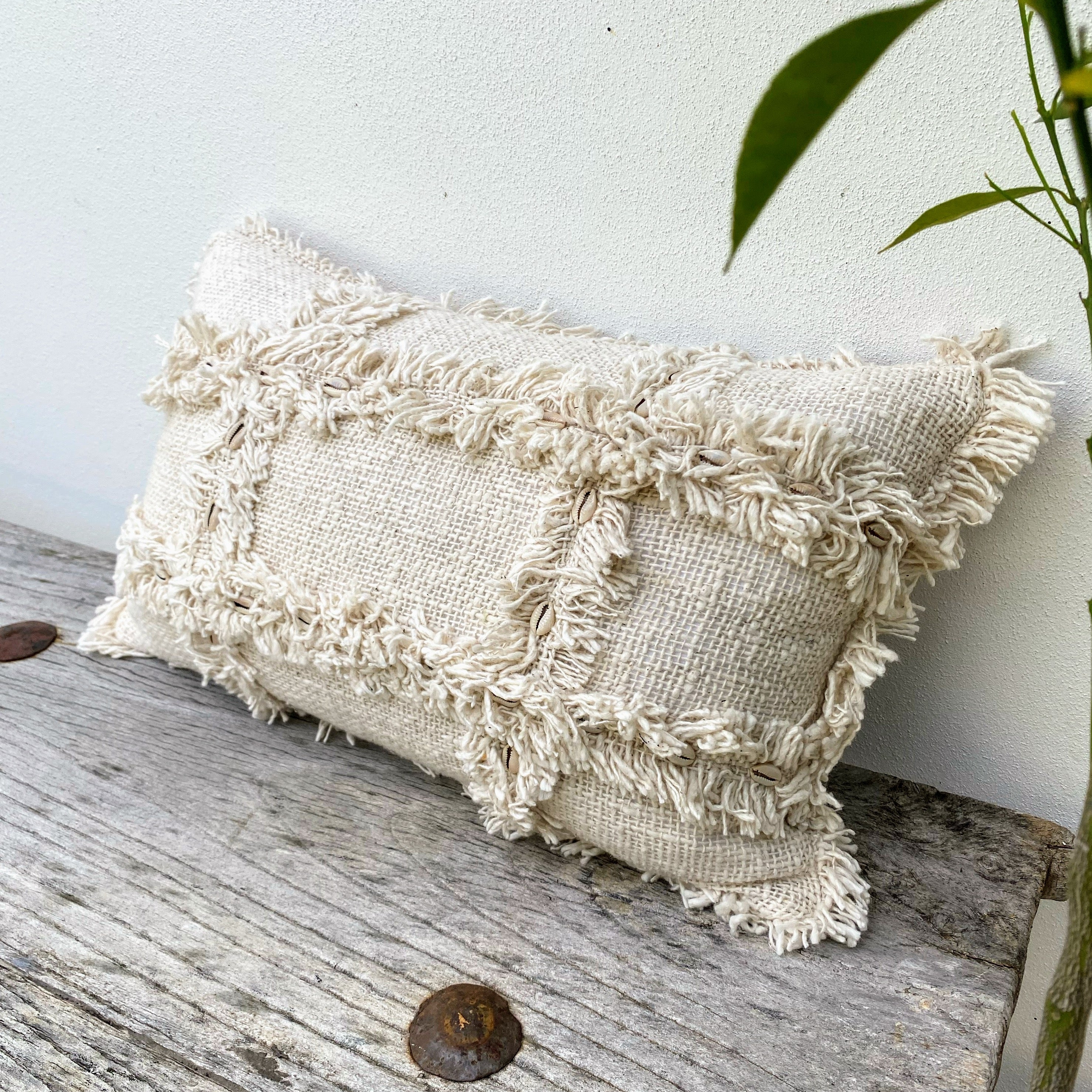 Natural Textured Cotton Coastal Cushion - Fringed - Rectangle - Cowrie Shell - Raya