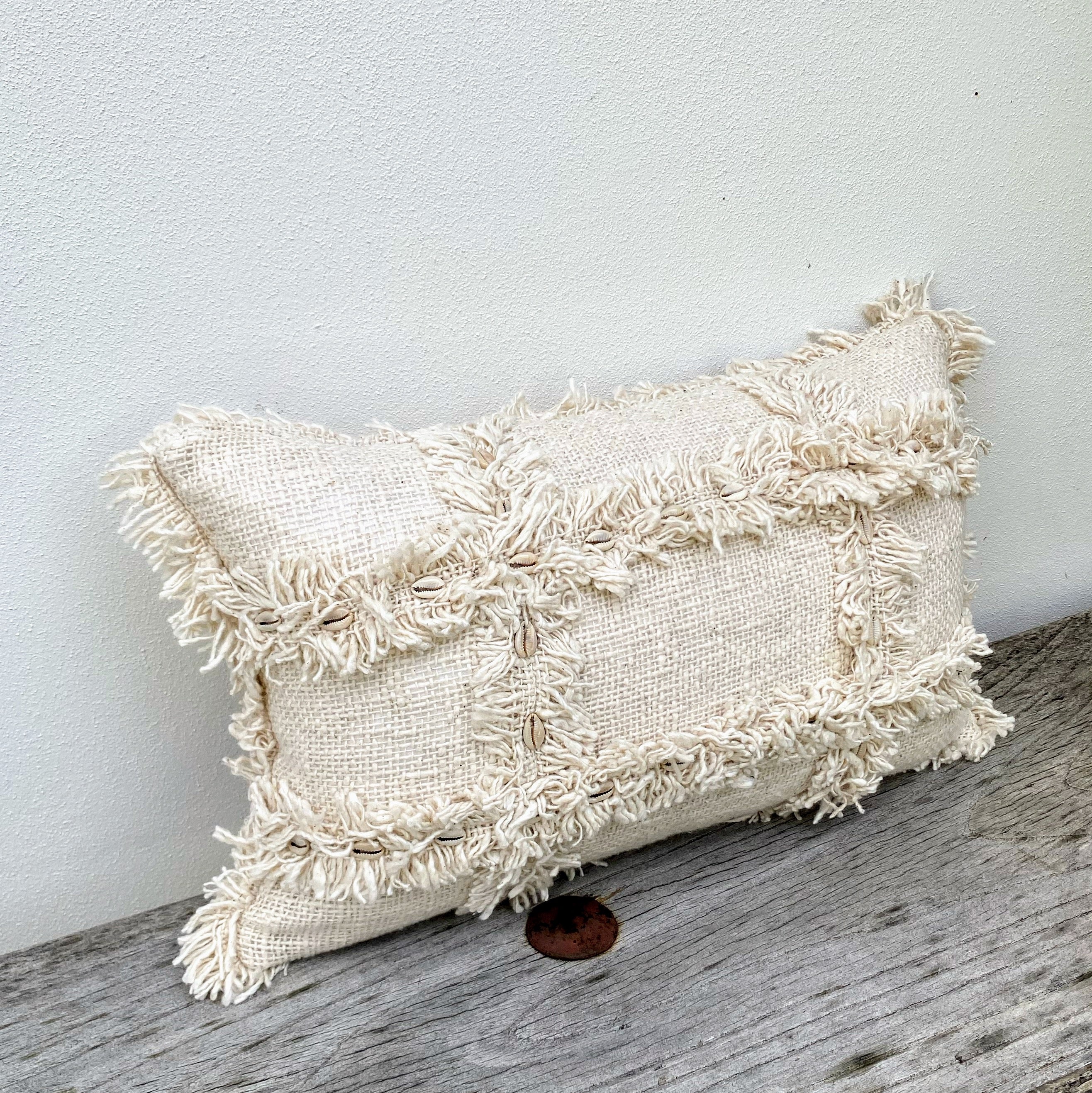 Natural Textured Cotton Coastal Cushion - Fringed - Rectangle - Cowrie Shell - Raya