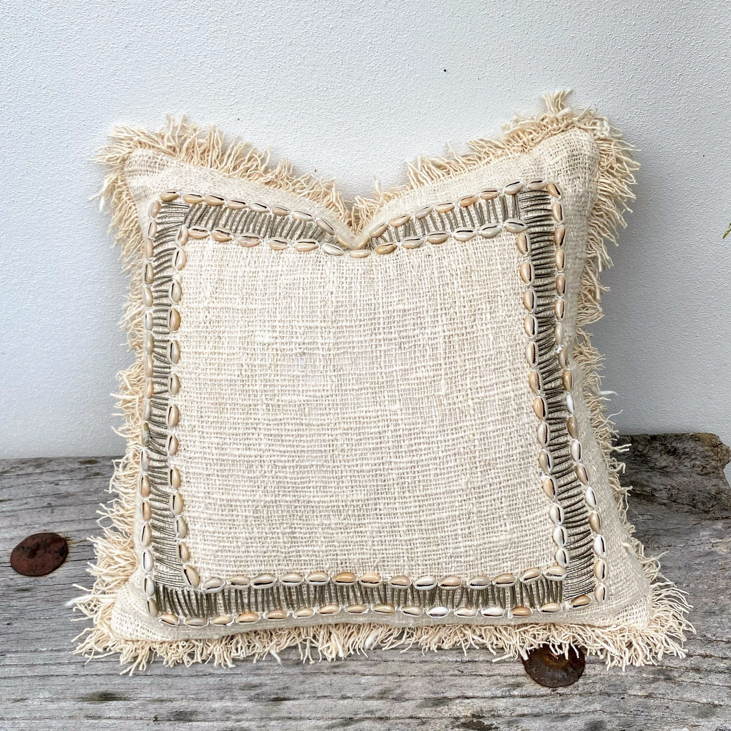 Handwoven Coastal Natural  Shell Cushion - Cowrie Cove