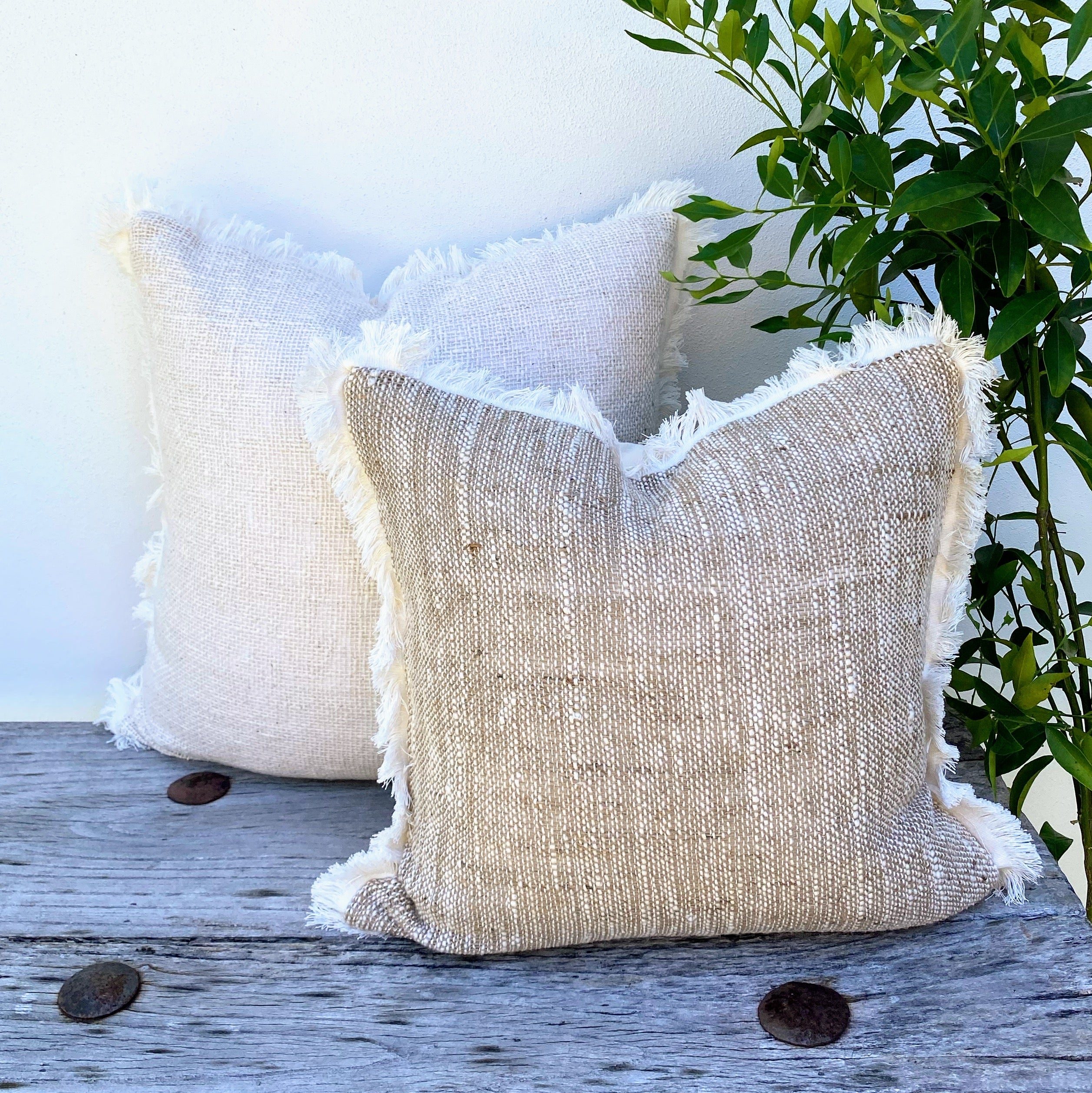 Natural Textured Cotton Coastal Cushion - Fringed - Square - Raya