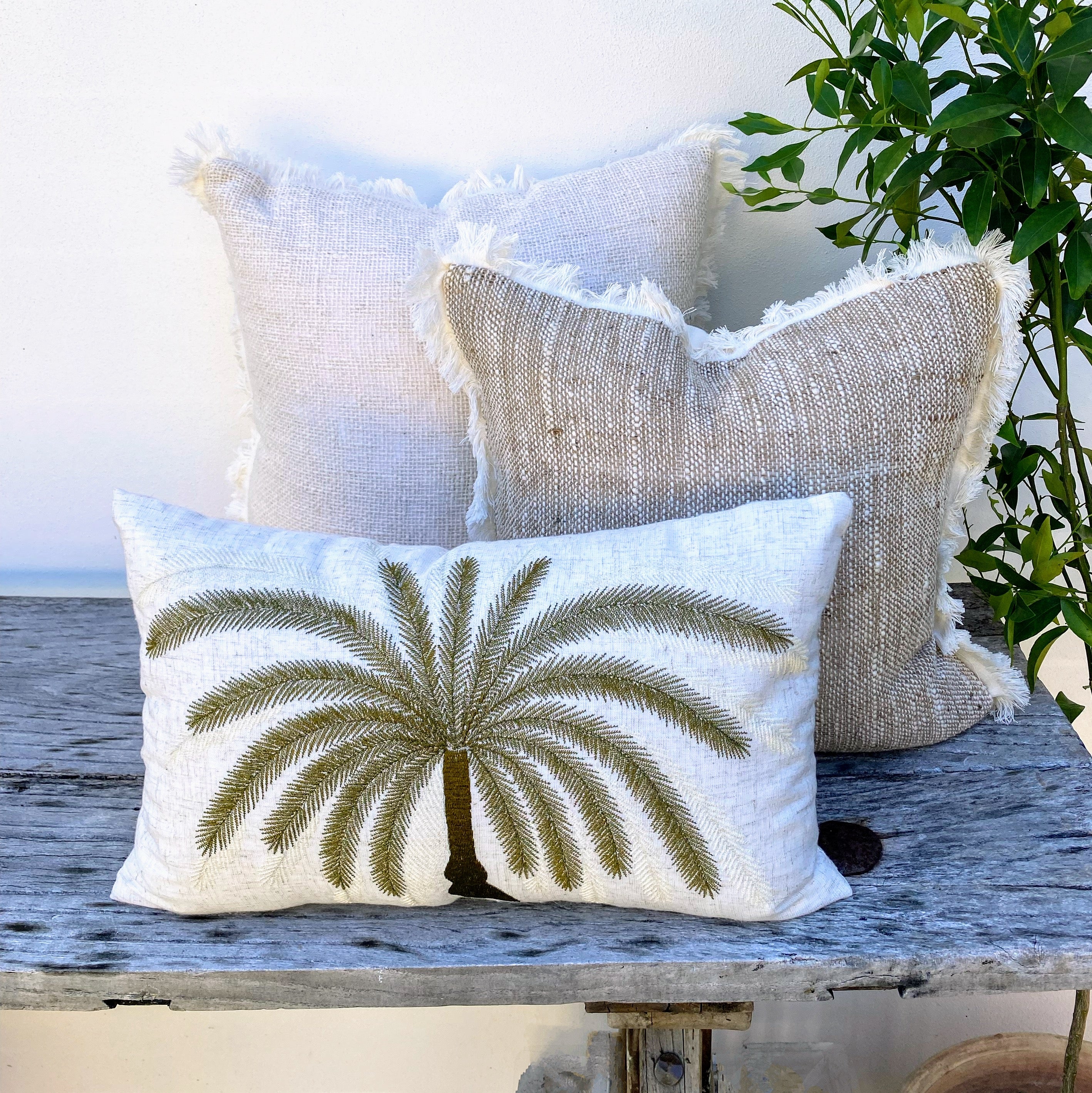 Natural Beige Linen Cushion-  Rectangle - Olive Green Palm Serenity