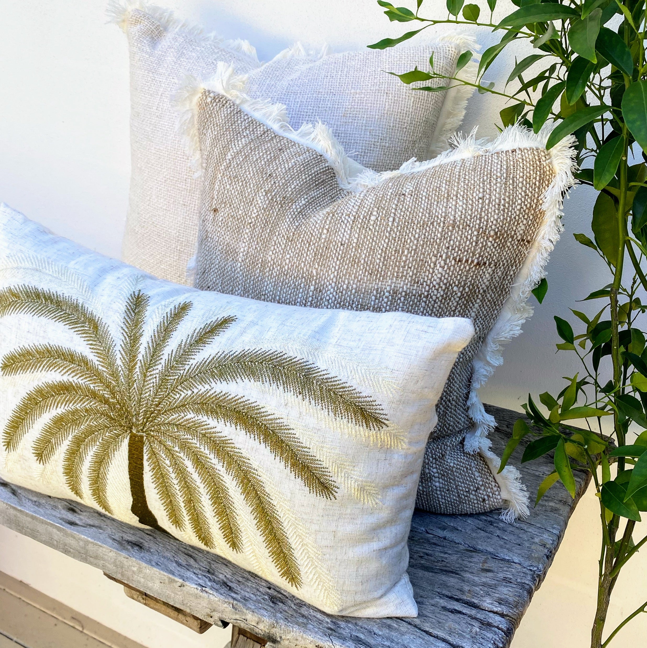 Set of Three Natural Beige Olive Coastal Palm Linen Cushion - Raya Ubud Serenity