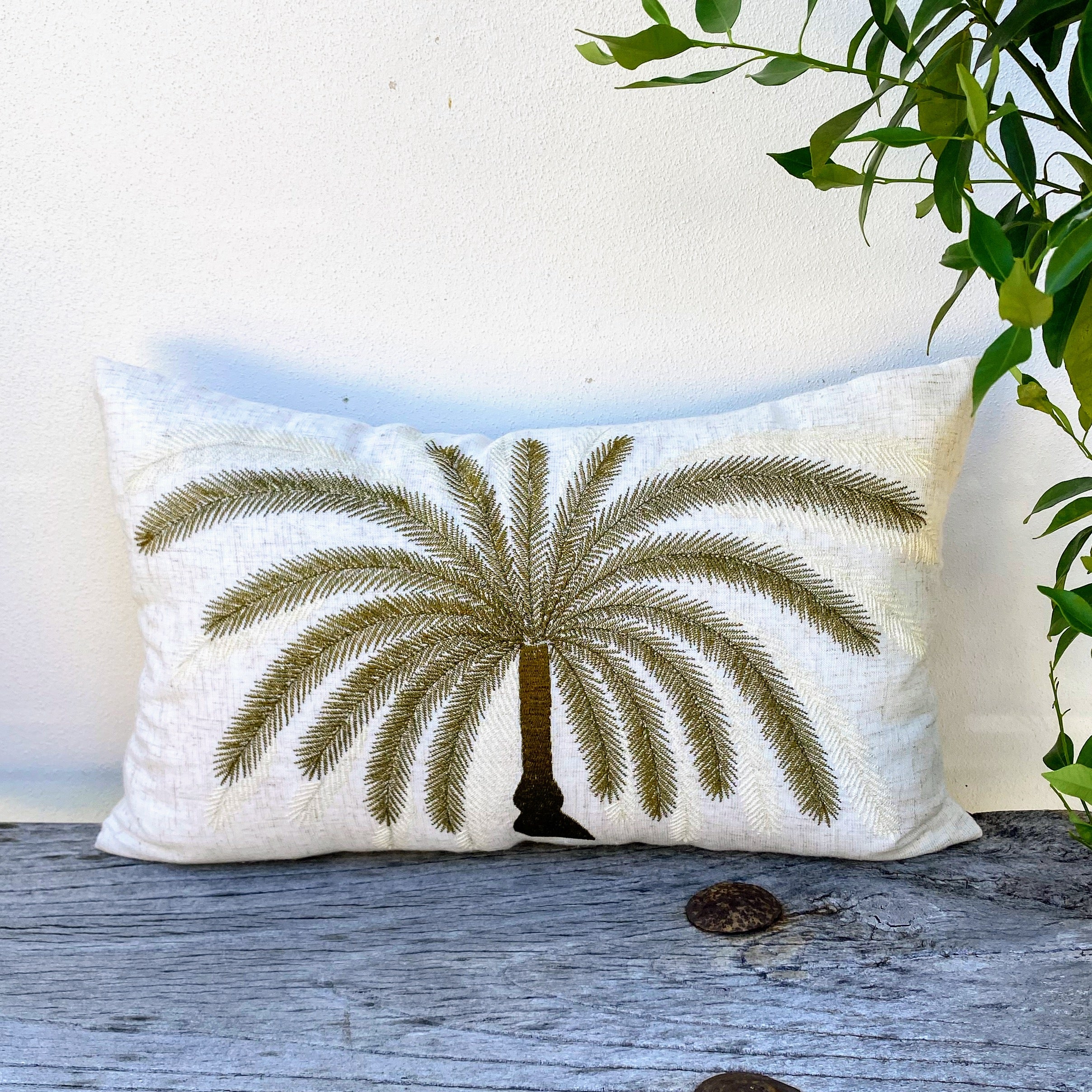 Set of Three Natural Beige Olive Coastal Palm Linen Cushion - Raya Ubud Serenity