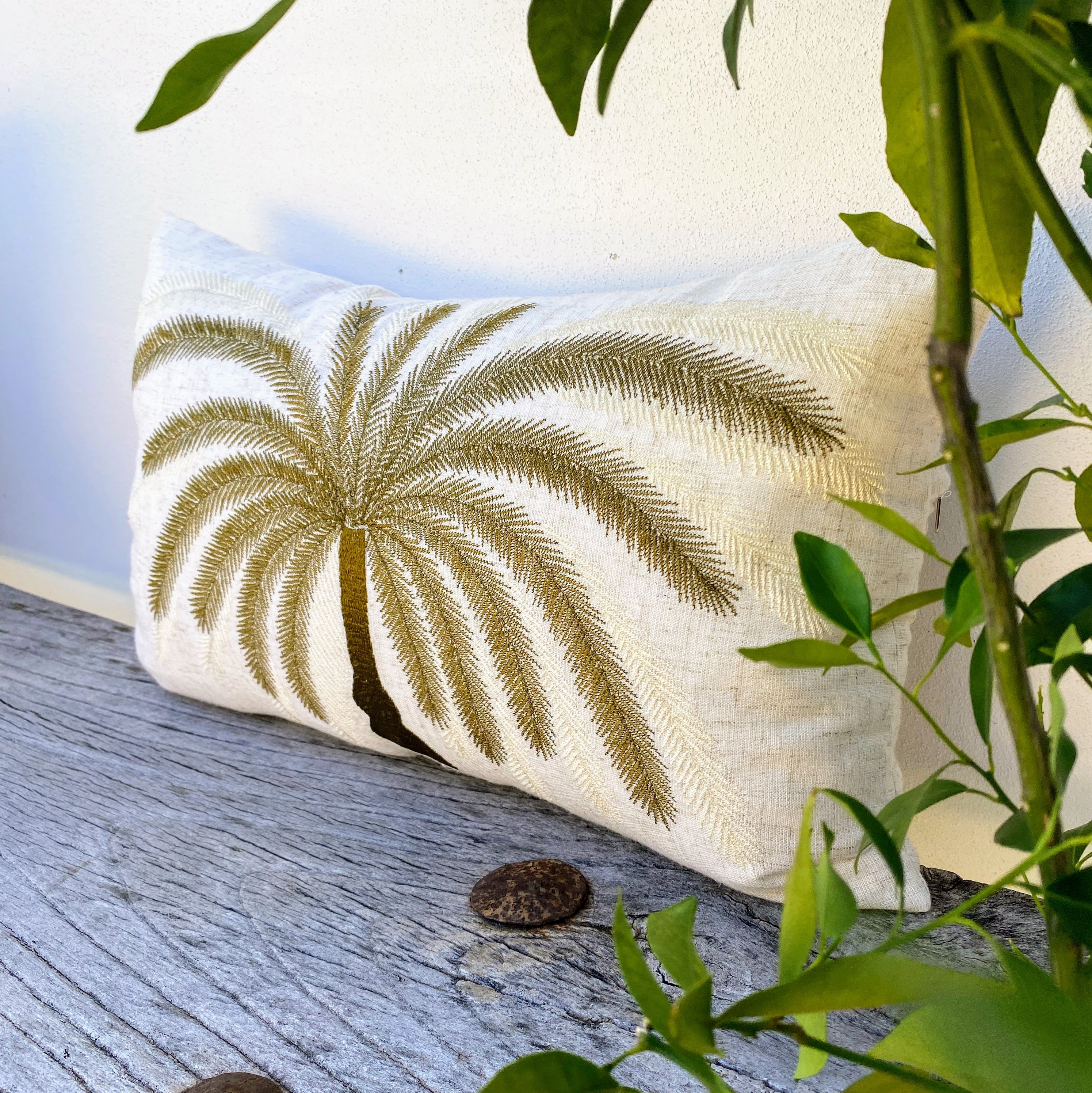 Set of 2 Natural Beige Olive Coastal Palm Linen Cushion - Ubud Serenity