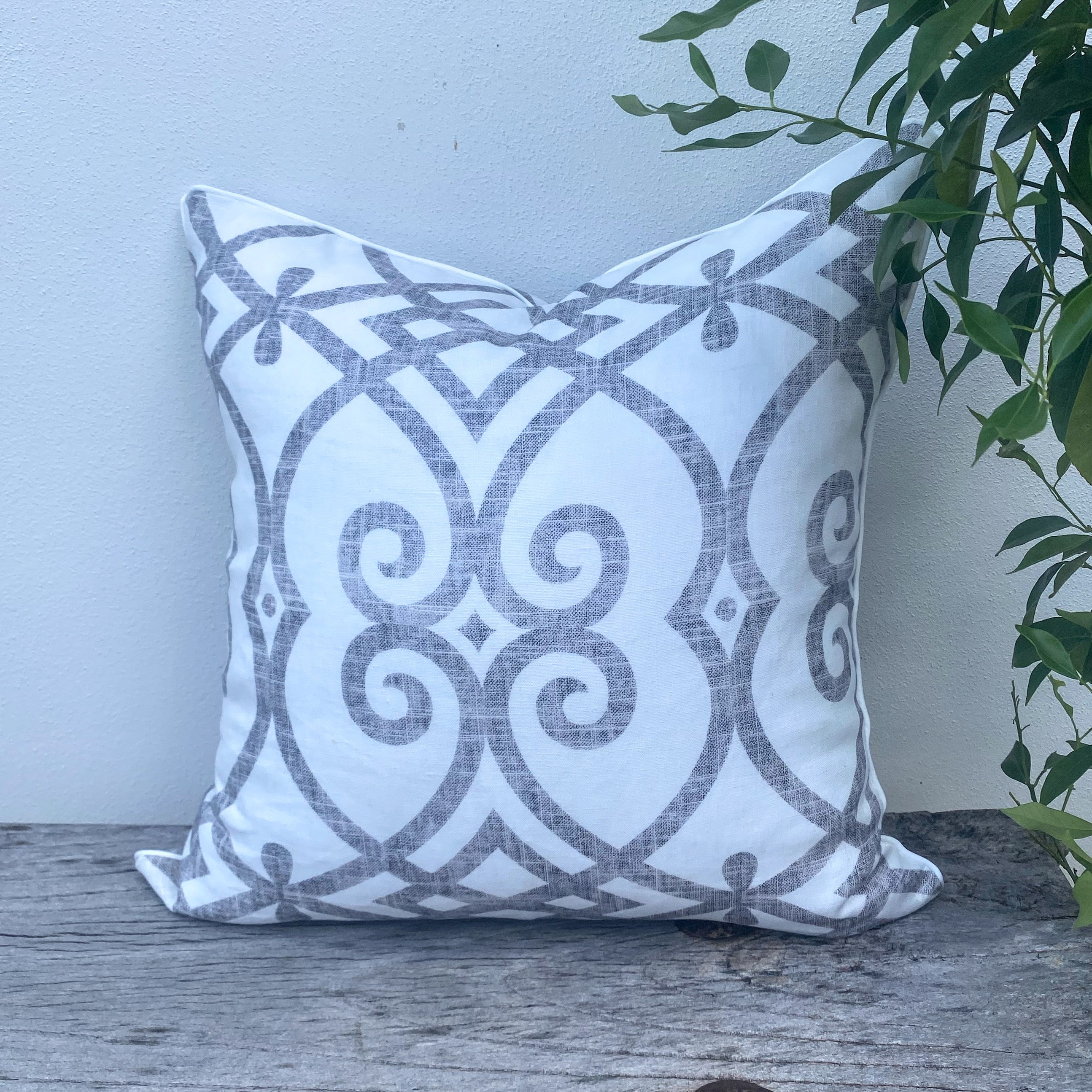 French Linen Geometric Grey Cushion | Scroll Dove