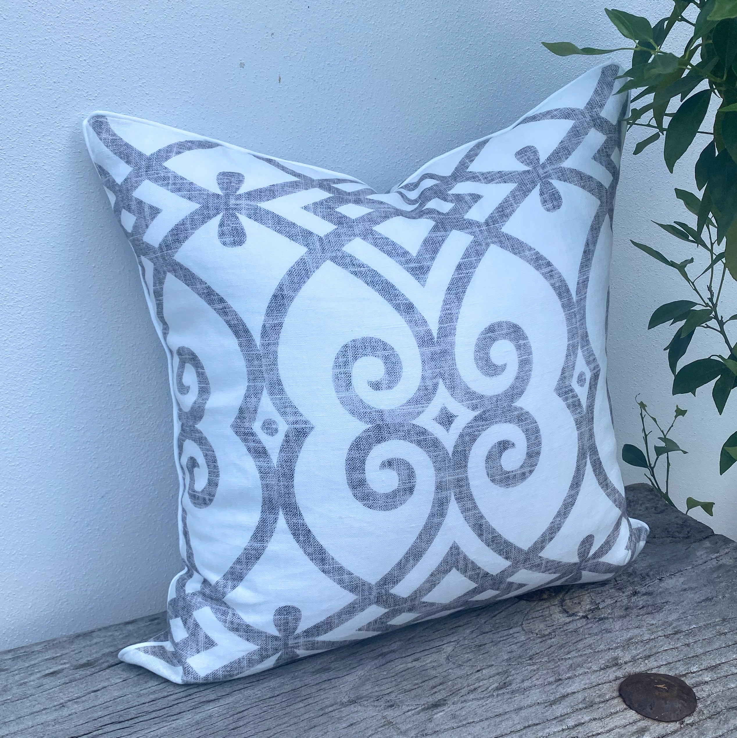 French Linen Geometric Grey Cushion | Scroll Dove