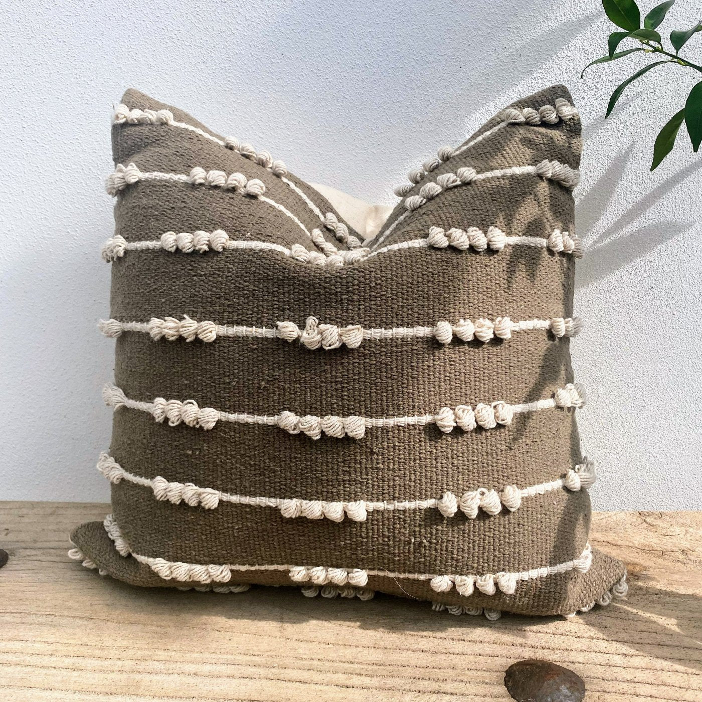 Bohemian Olive Green Striped Textured Cushion