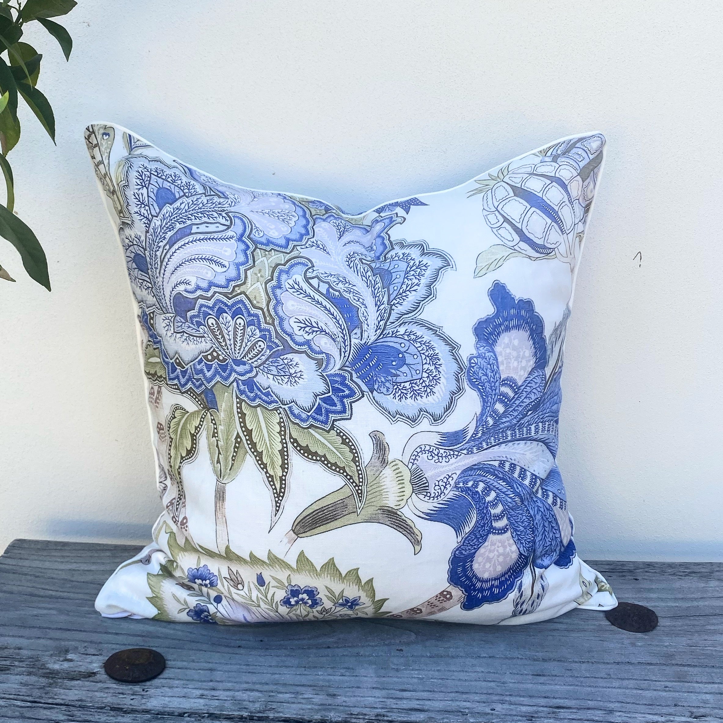 Coastal French Linen Blue White and Green Floral Cushions