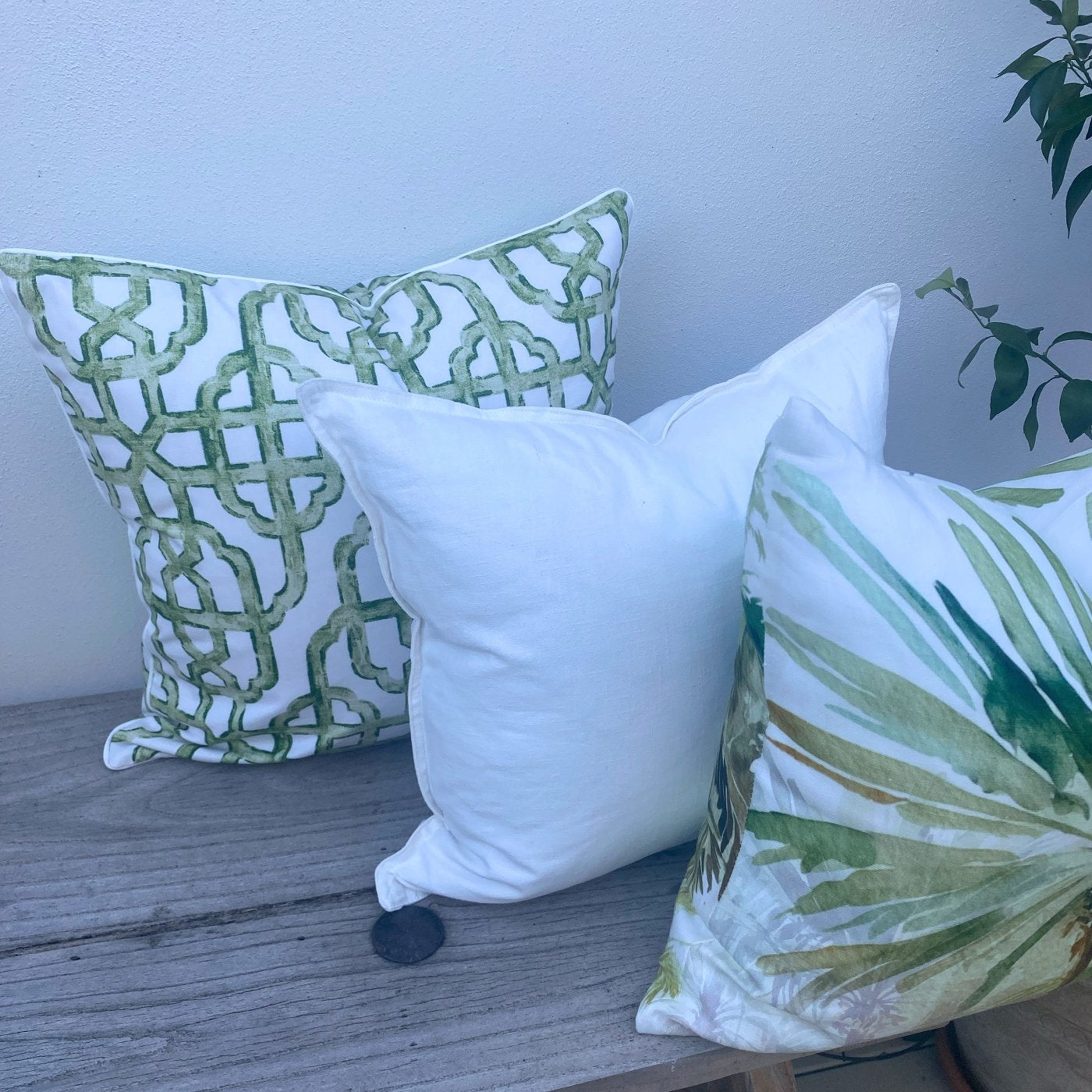 Set of 3 Green and White Linen Palm Cushion Covers| Imperial Bahamas-Revived Artisan Eco Home Decor