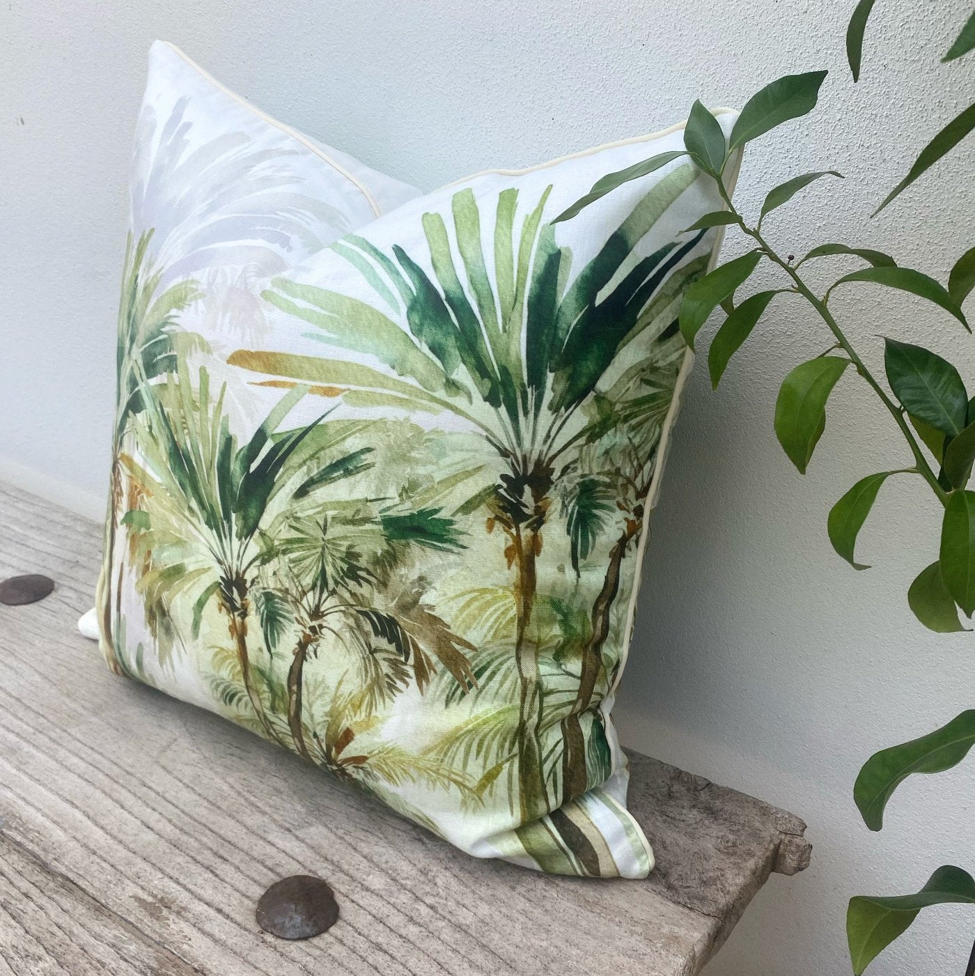 French Linen Green and Beige Tropical Palm Cushion Covers| Bahamas-Revived Artisan Eco Home Decor