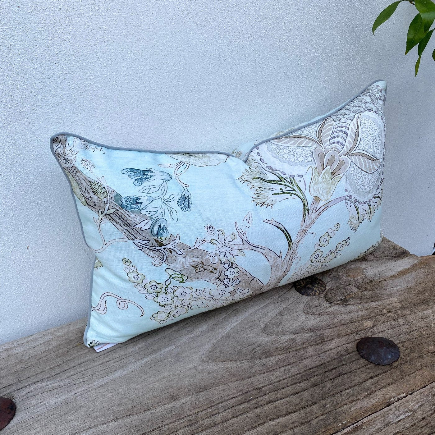 Rectangle French Linen Duck Egg Blue Jacobean Floral Cushion | Enchanted-Revived Artisan Eco Home Decor