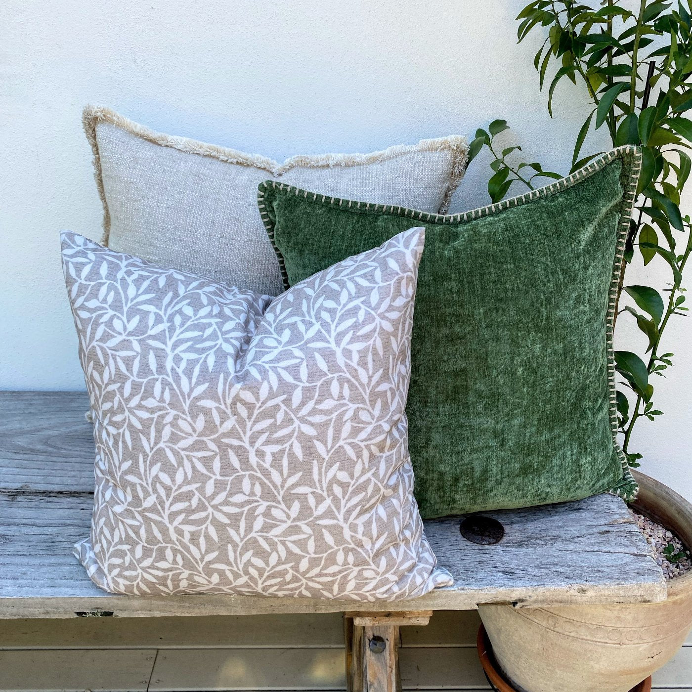 Green and Natural Boho Vine Set of 3 Cushions