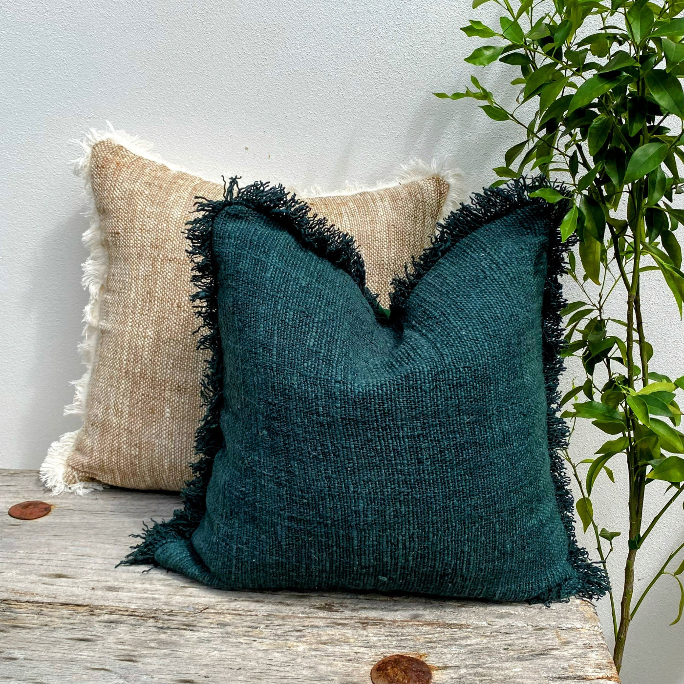 Green Weaved Cotton Cushion with Delicate Fringed Edge