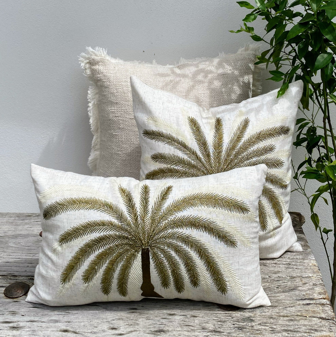 Handcrafted Cushion Cover with Intricate Palm Tree Embroidery