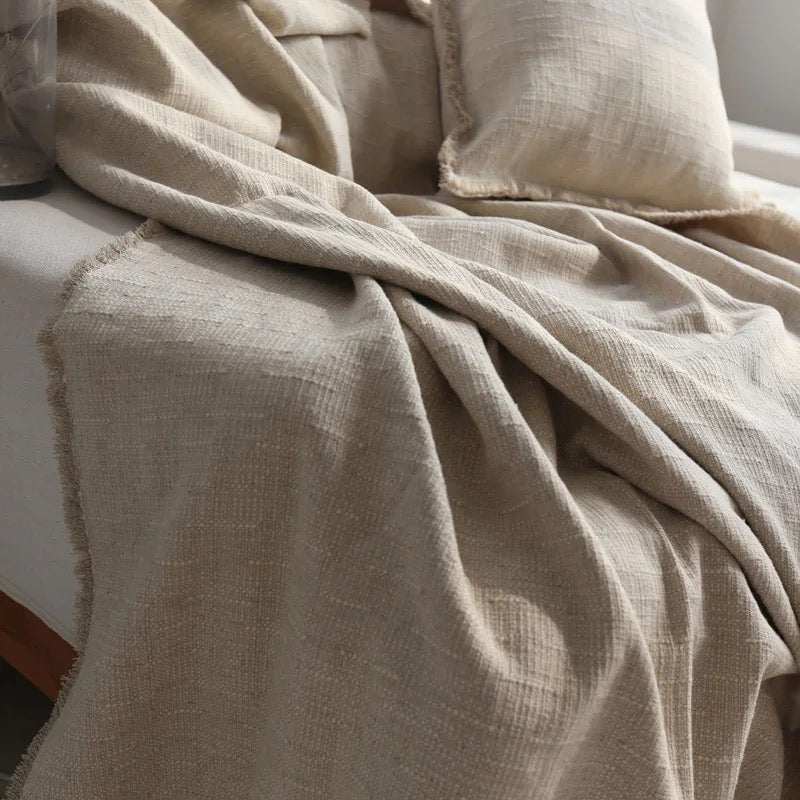 Large Natural Linen Fringed Throw Blanket