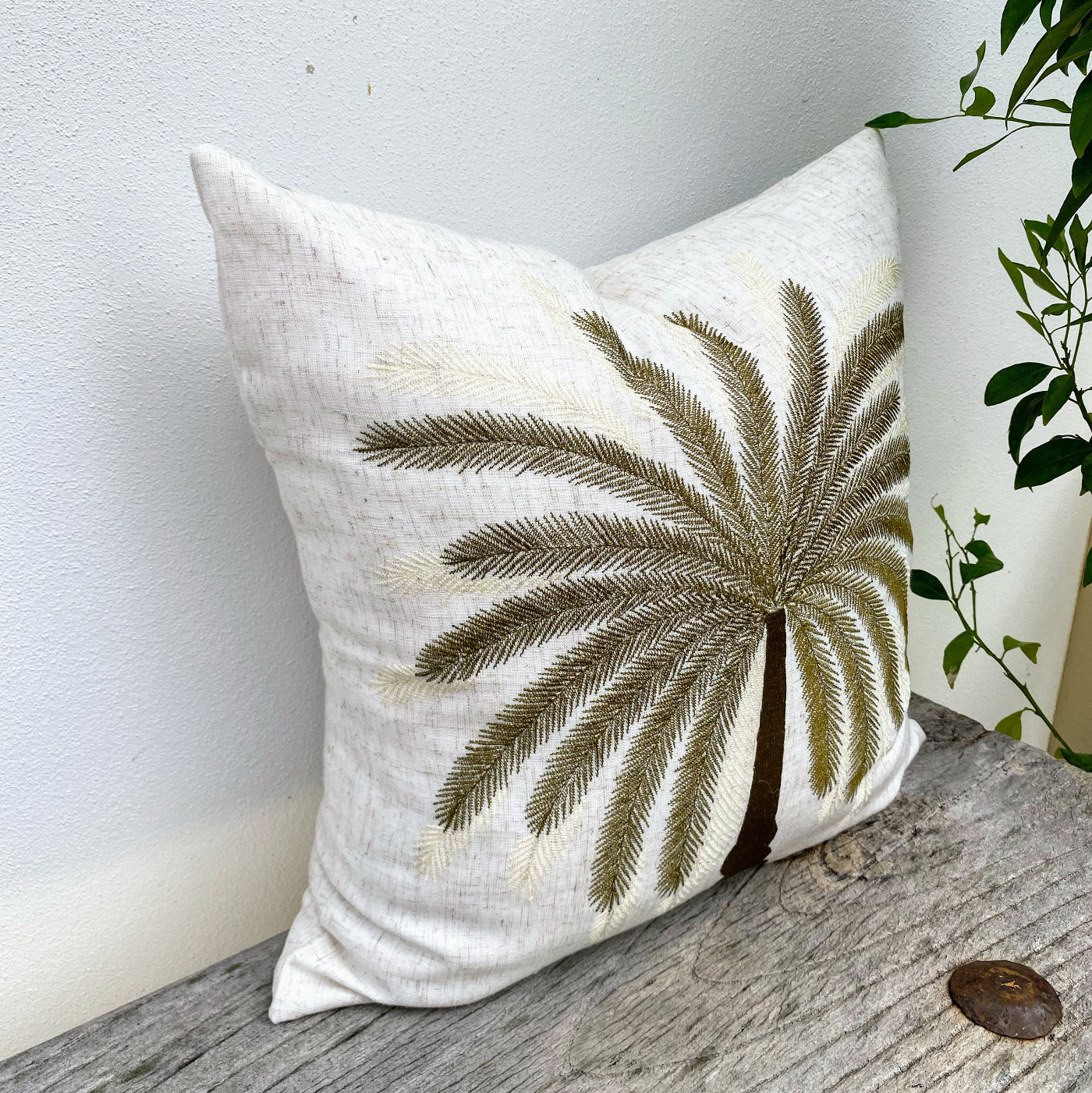 Luxurious Palm Cushion in Earthy White Tone