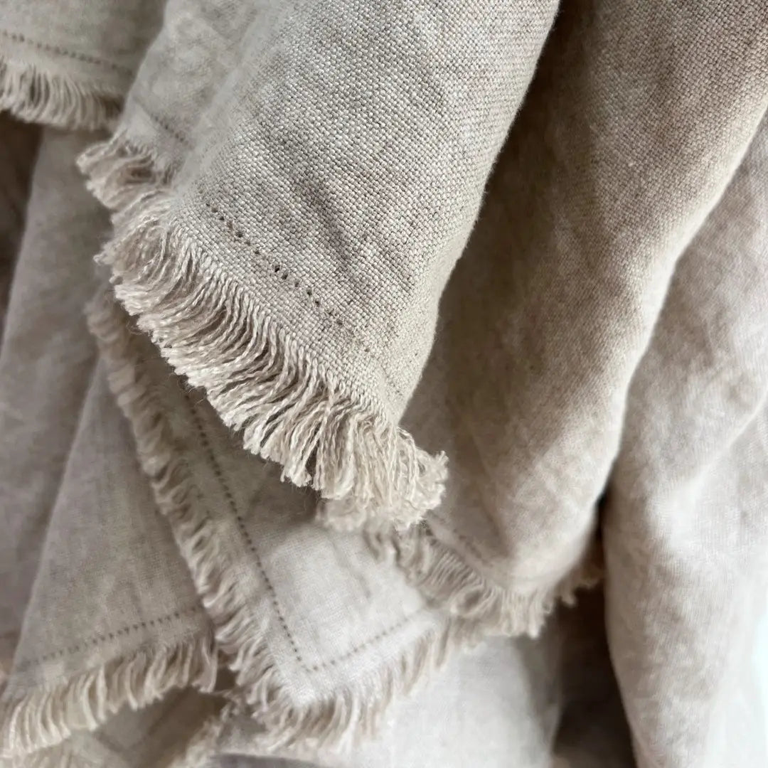 Natural French Linen Fringed Beige Throw Blanket